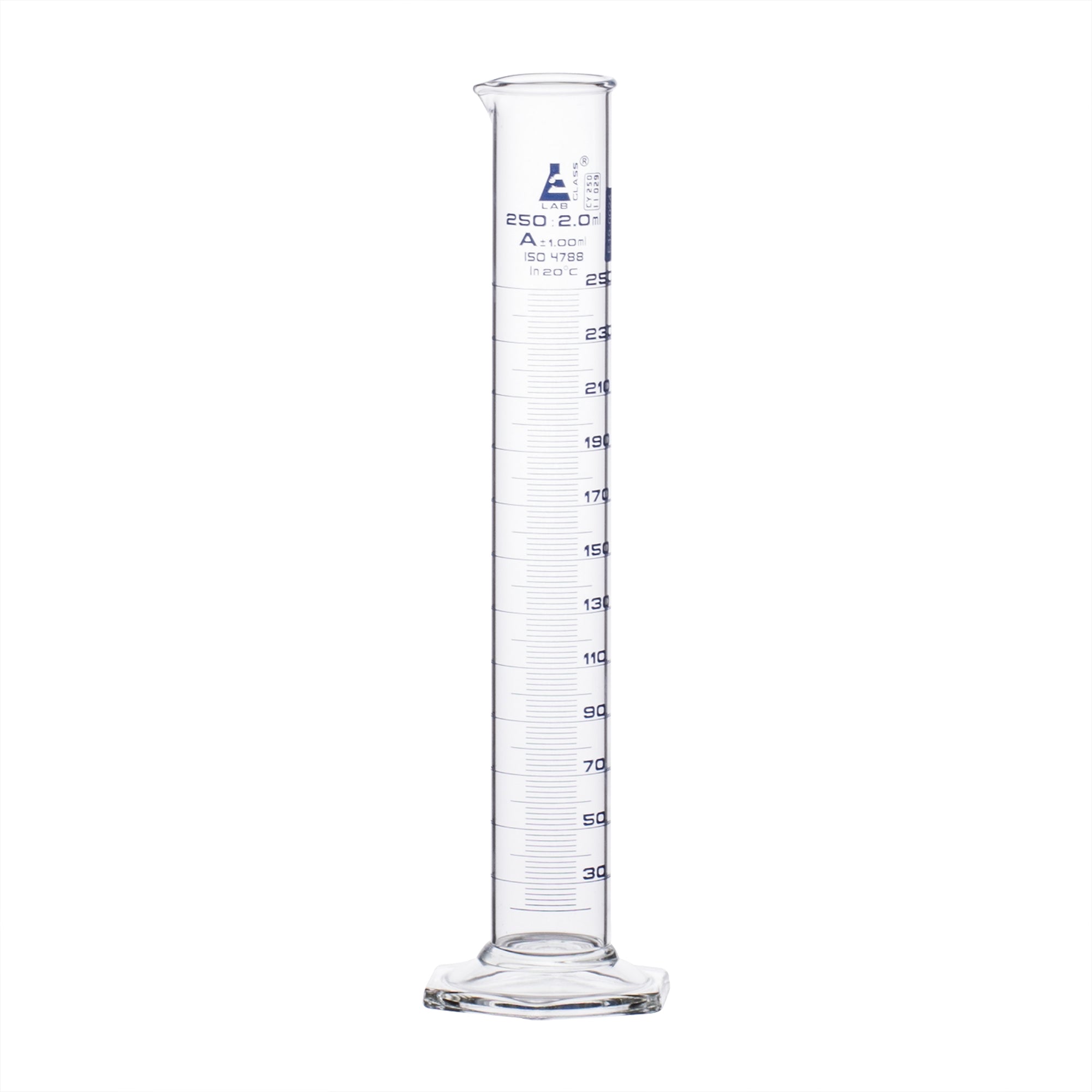 Borosilicate Glass Graduated Cylinder with Hexagonal Base, 250 ml, Class A with Individual Work Certificate