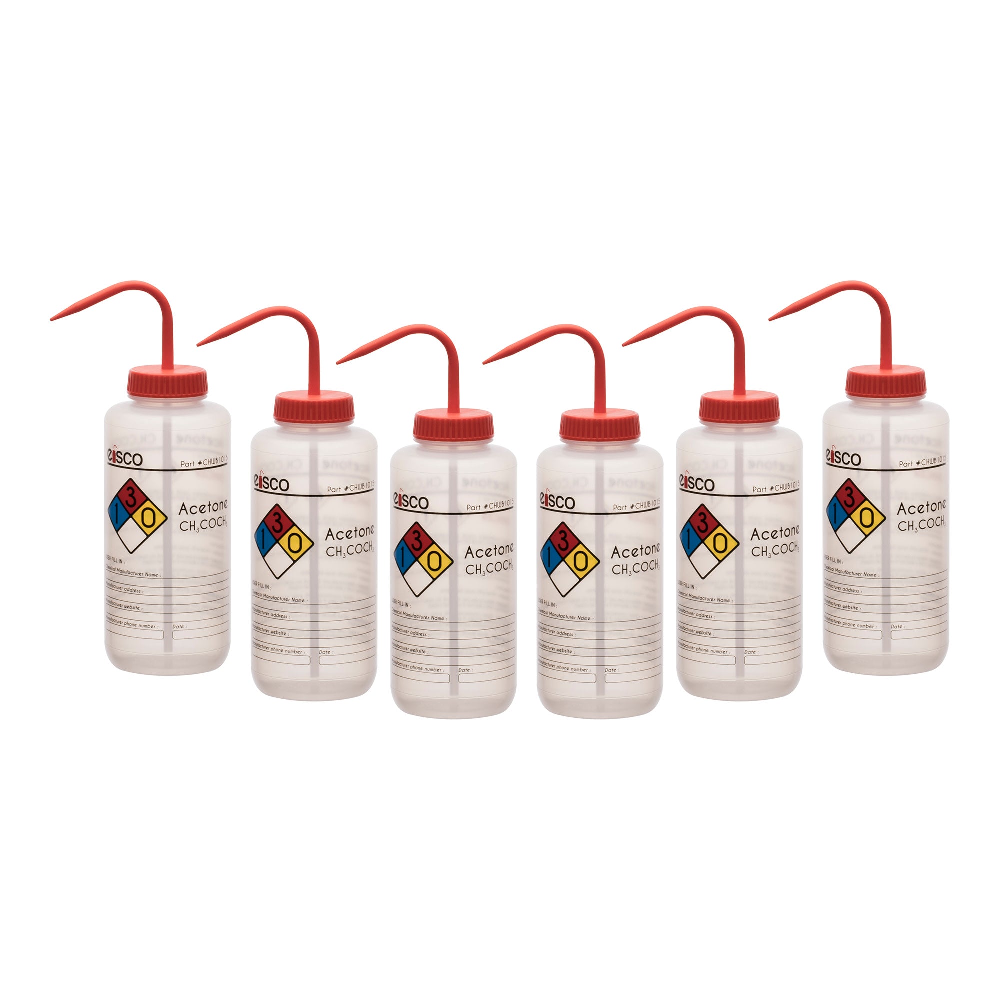 6PK Performance Plastic Wash Bottle, Acetone, 1000 ml - Labeled (4 Color)