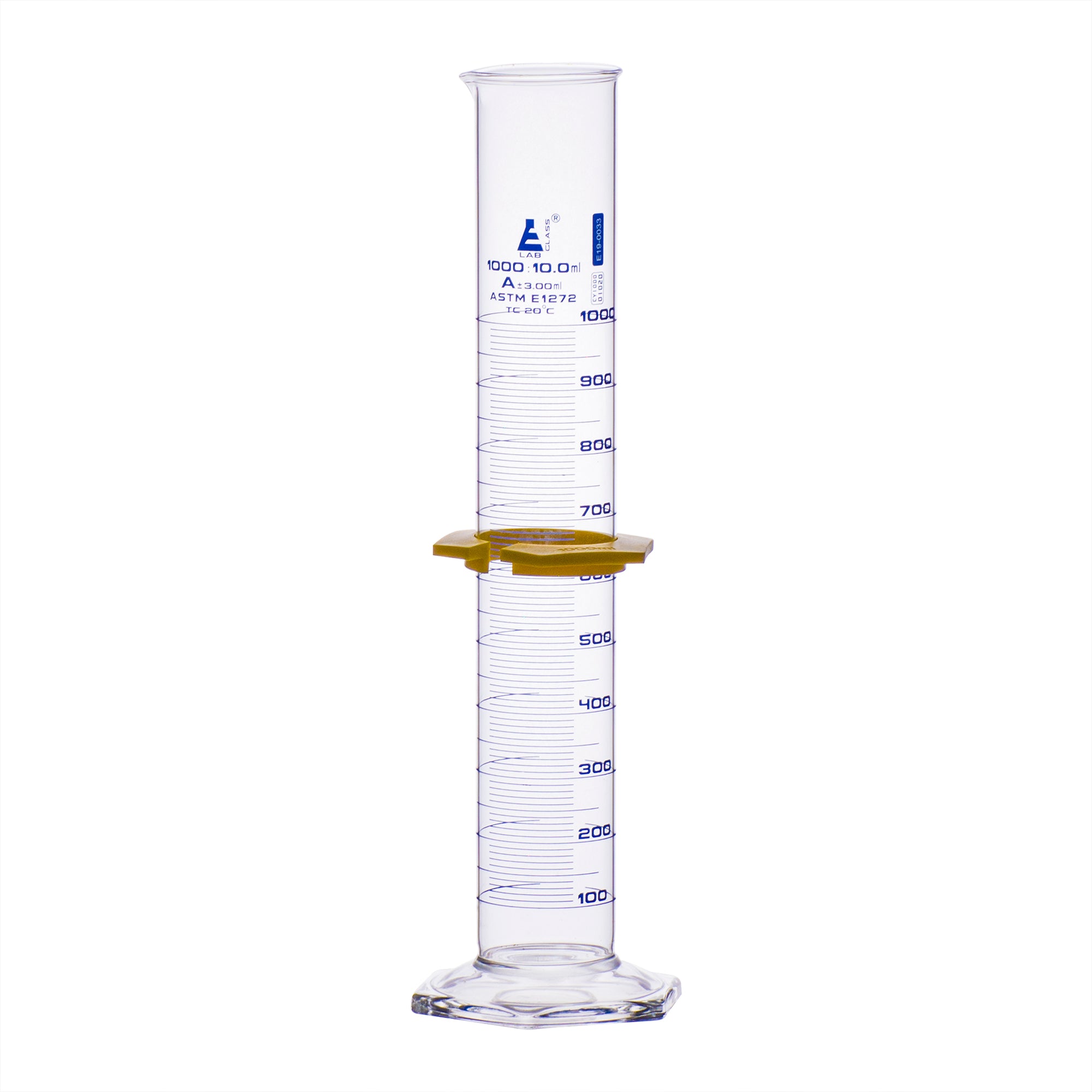 Borosilicate Glass ASTM Graduated Cylinder with Hexagonal Base and Guard, 1000 ml, Class A with USP & Individual Work Certificate, Autoclavable