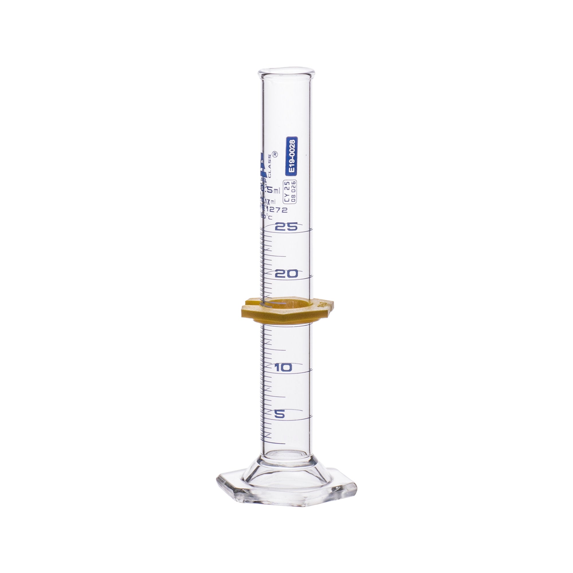 Borosilicate Glass ASTM Graduated Cylinder with Hexagonal Base and Guard, 25 ml, Class A with USP & Individual Work Certificate, Autoclavable
