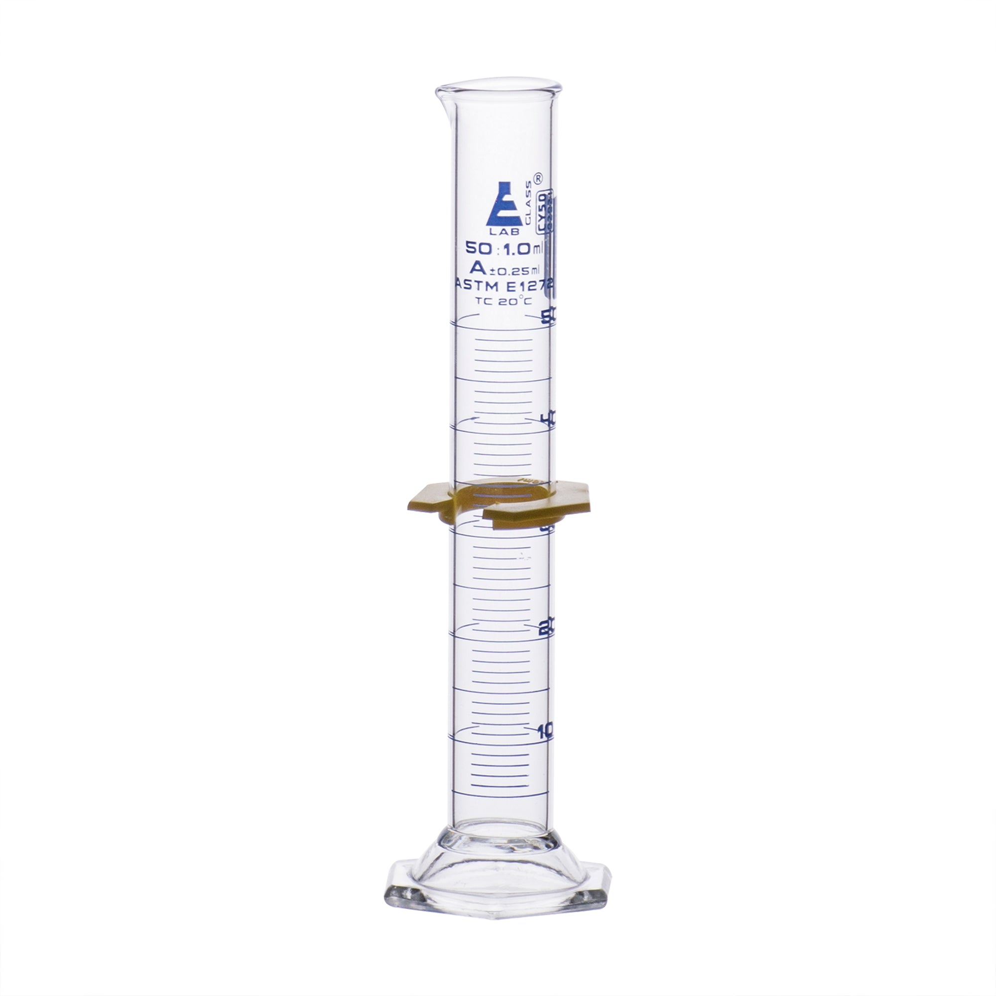 Borosilicate Glass ASTM Graduated Cylinder with Hexagonal Base and Guard, 50 ml, Class A with USP & Individual Work Certificate, Autoclavable