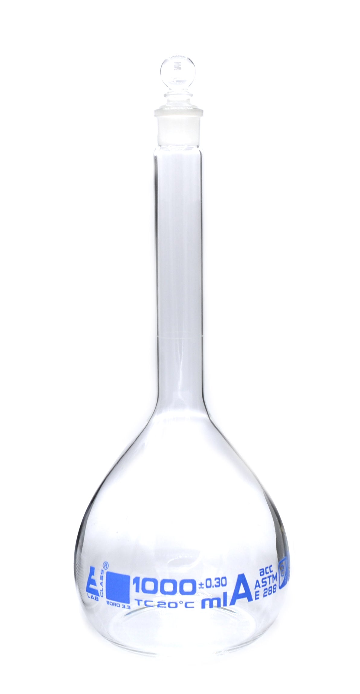 Borosilicate Glass ASTM Volumetric Flask with Glass Stopper, 1000 ml, Class A, Autoclavable