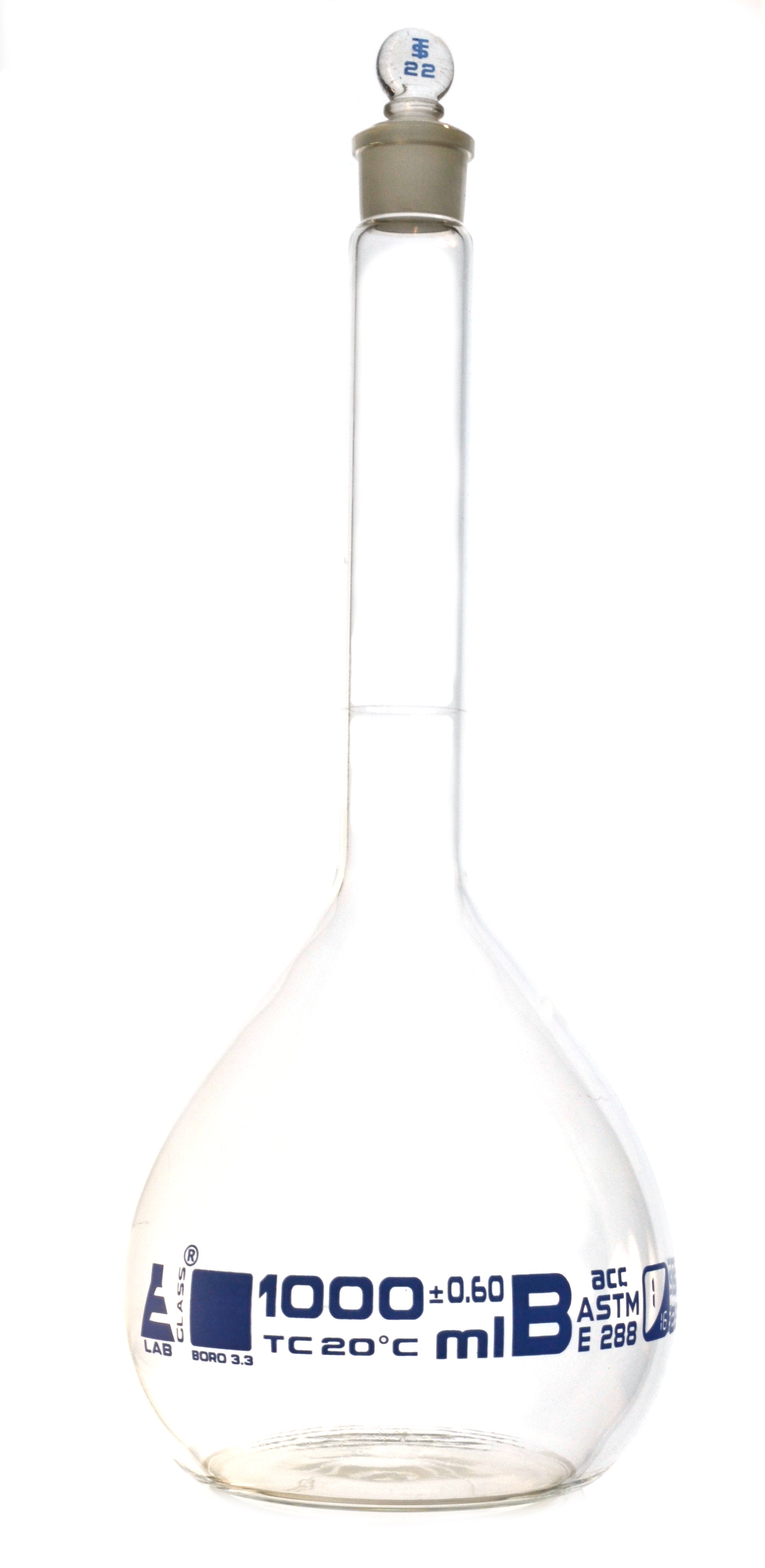Borosilicate Glass ASTM Volumetric Flask with Glass Stopper, 1000 ml, Class B, Autoclavable
