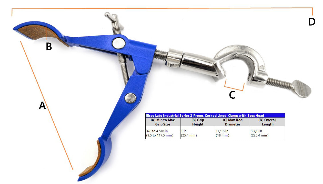 2 Prong, Cork Lined, Lab Clamp with Boss Head,  4.625" (11.7 cm) Maximum Clamp Opening