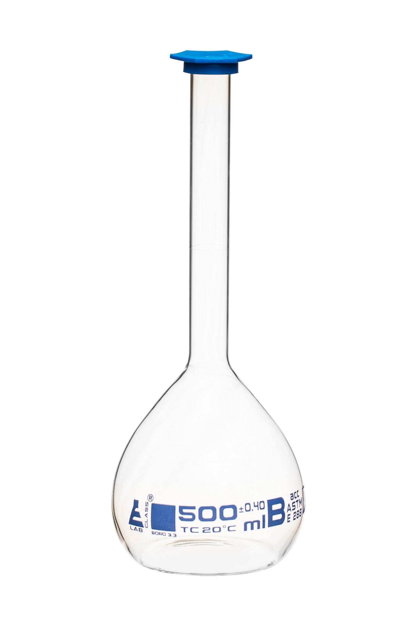Borosilicate Volumetric Flask with Polyethylene Snap Cap, 500 ml, Class B, Blue Print, ASTM, Autoclavable