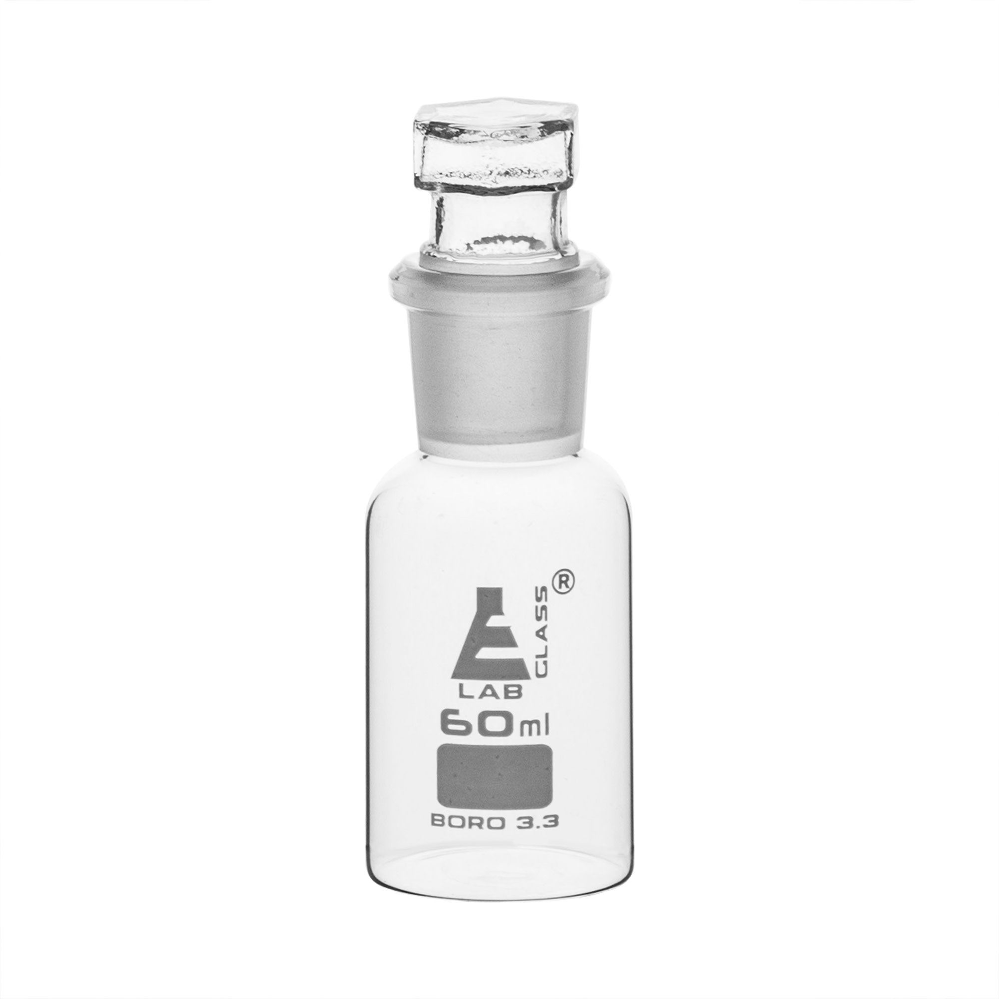 Clear Borosilicate Glass Reagent Bottle with Hollow Glass Stopper, 60 ml, Wide Mouth, Autoclavable