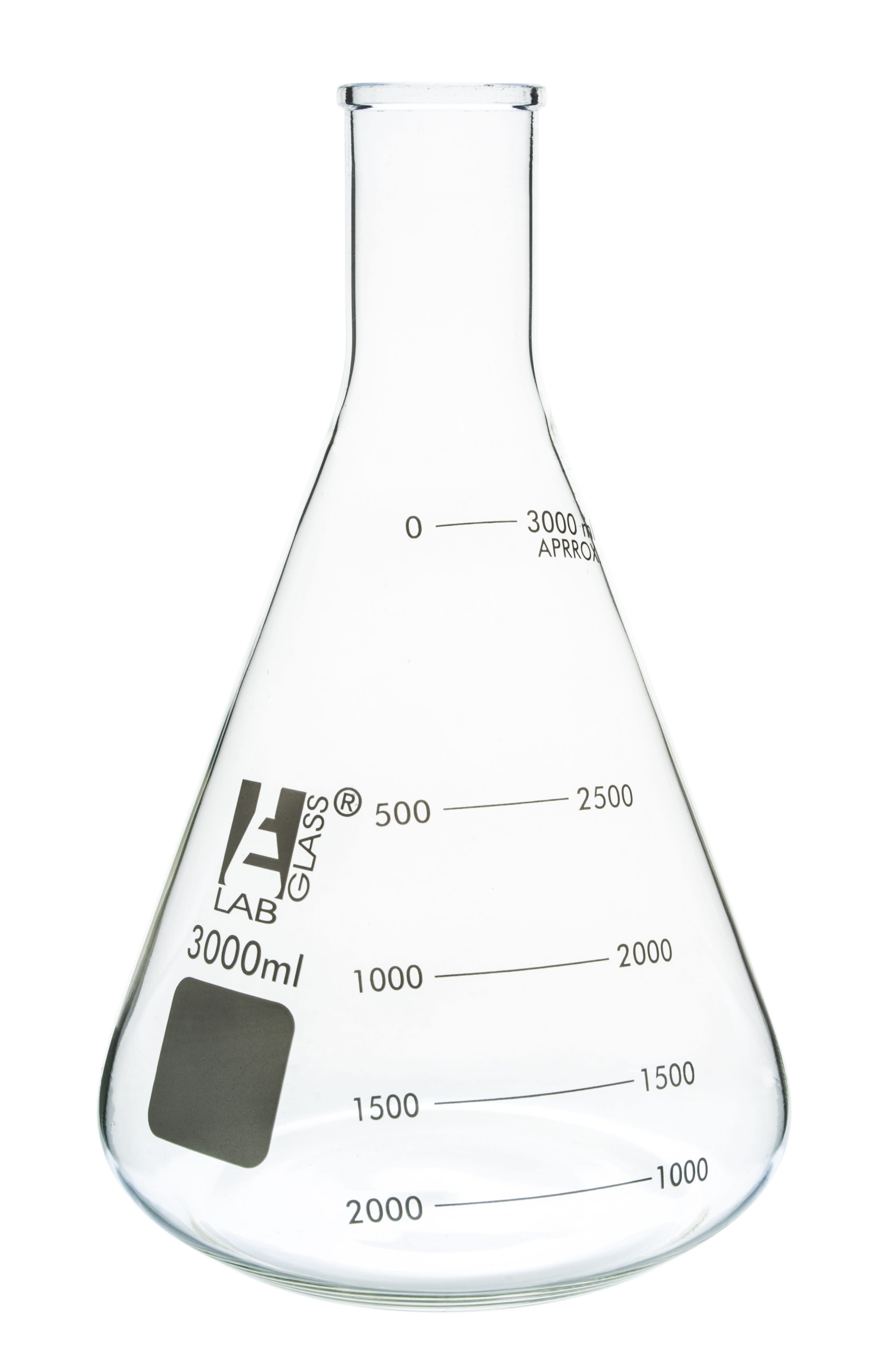 Borosilicate Glass Erlenmeyer Flask, 3000 ml,  600 ml Graduations, Autoclavable