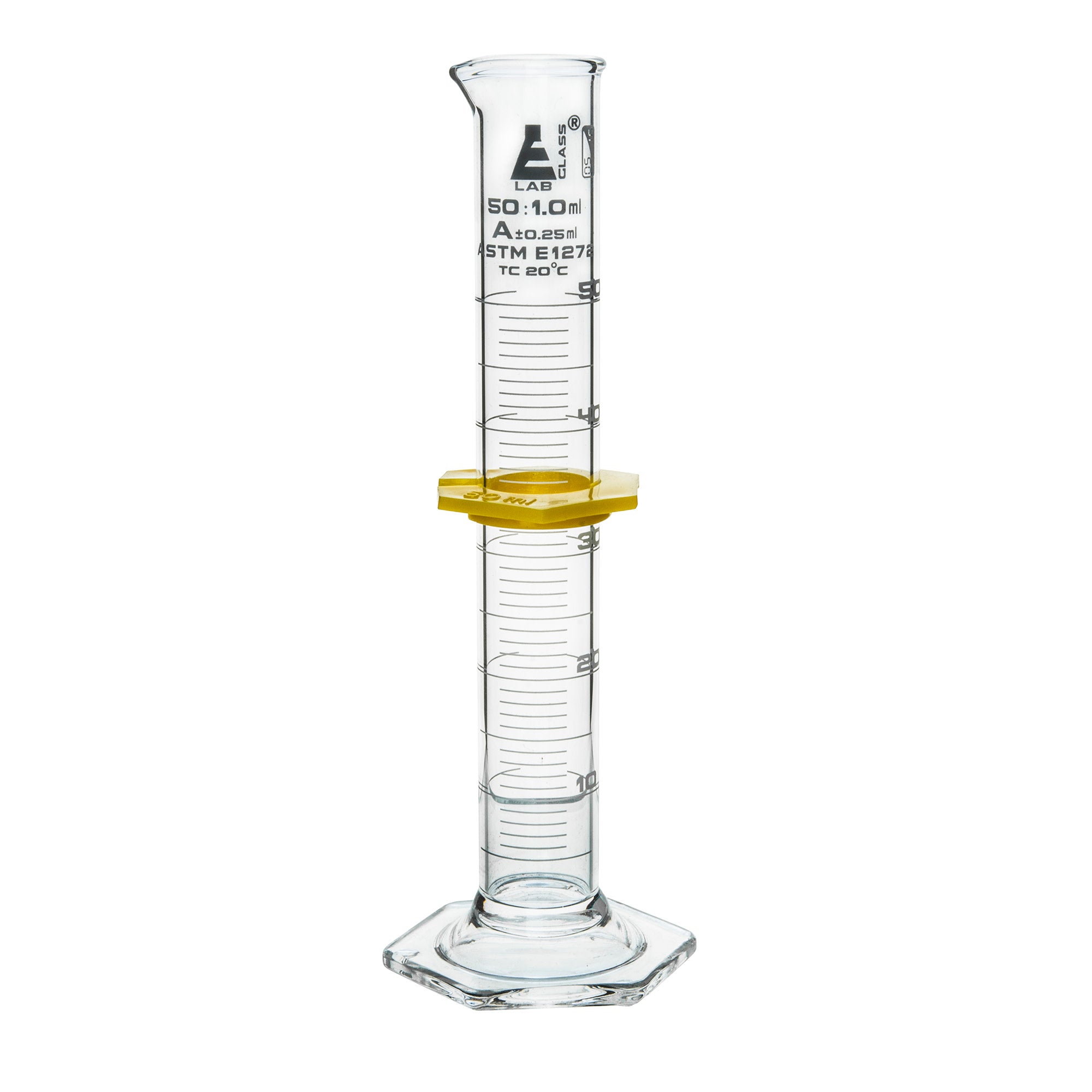 Borosilicate Glass Graduated Cylinder with Guard, 50 ml, 1.0 ml Graduation, Class A, ASTM, Autoclavable