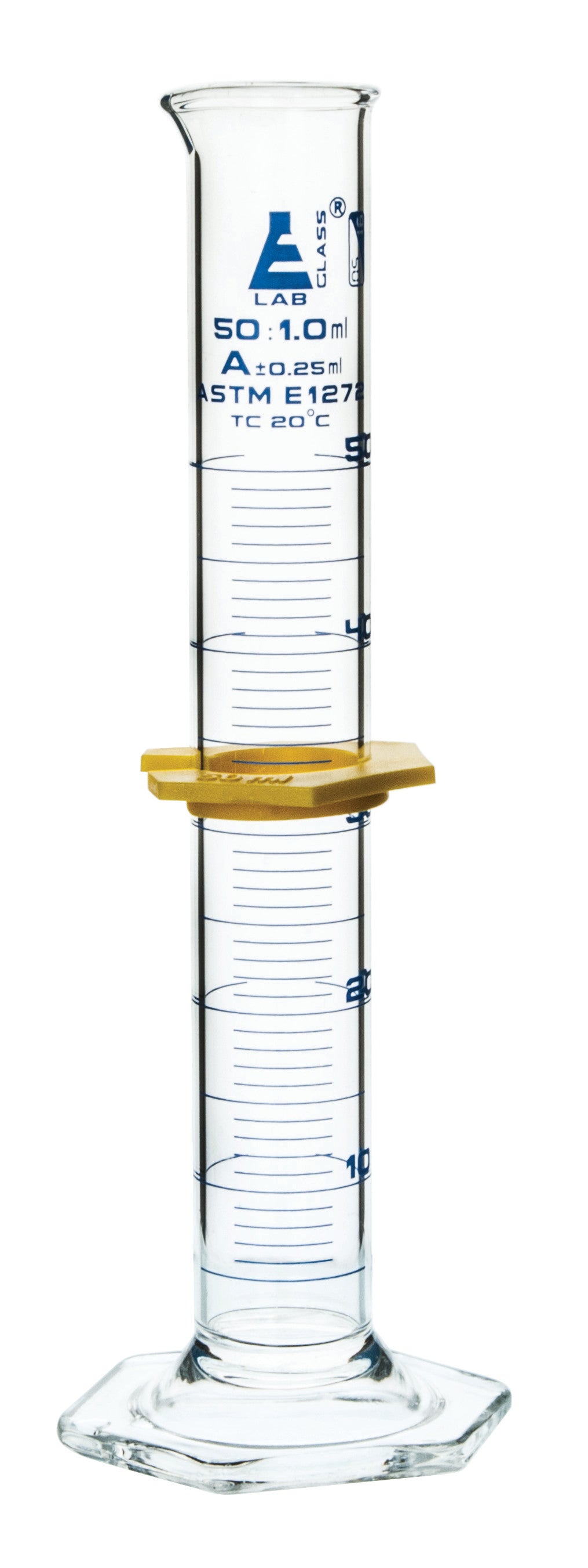 Borosilicate Glass Graduated Cylinder with Guard, 50 ml, 1.0 ml Graduation, Class A, ASTM, Autoclavable