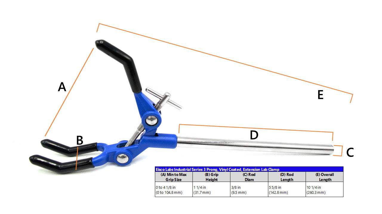 3 Finger, Vinyl Coated, Lab Clamp on Rod,  4.125" (10.5 cm) Maximum Clamp Opening
