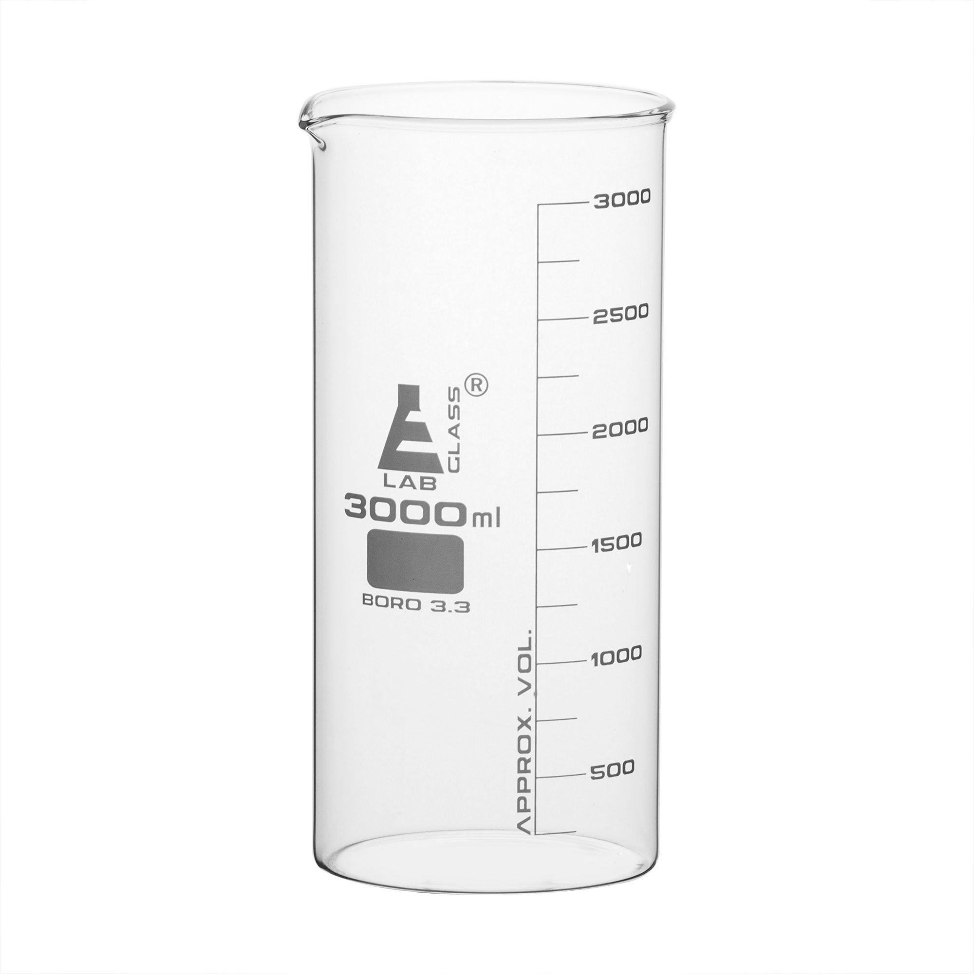 Borosilicate Tall Form Beaker, 3000ml, 250ml Graduation, Autoclavable