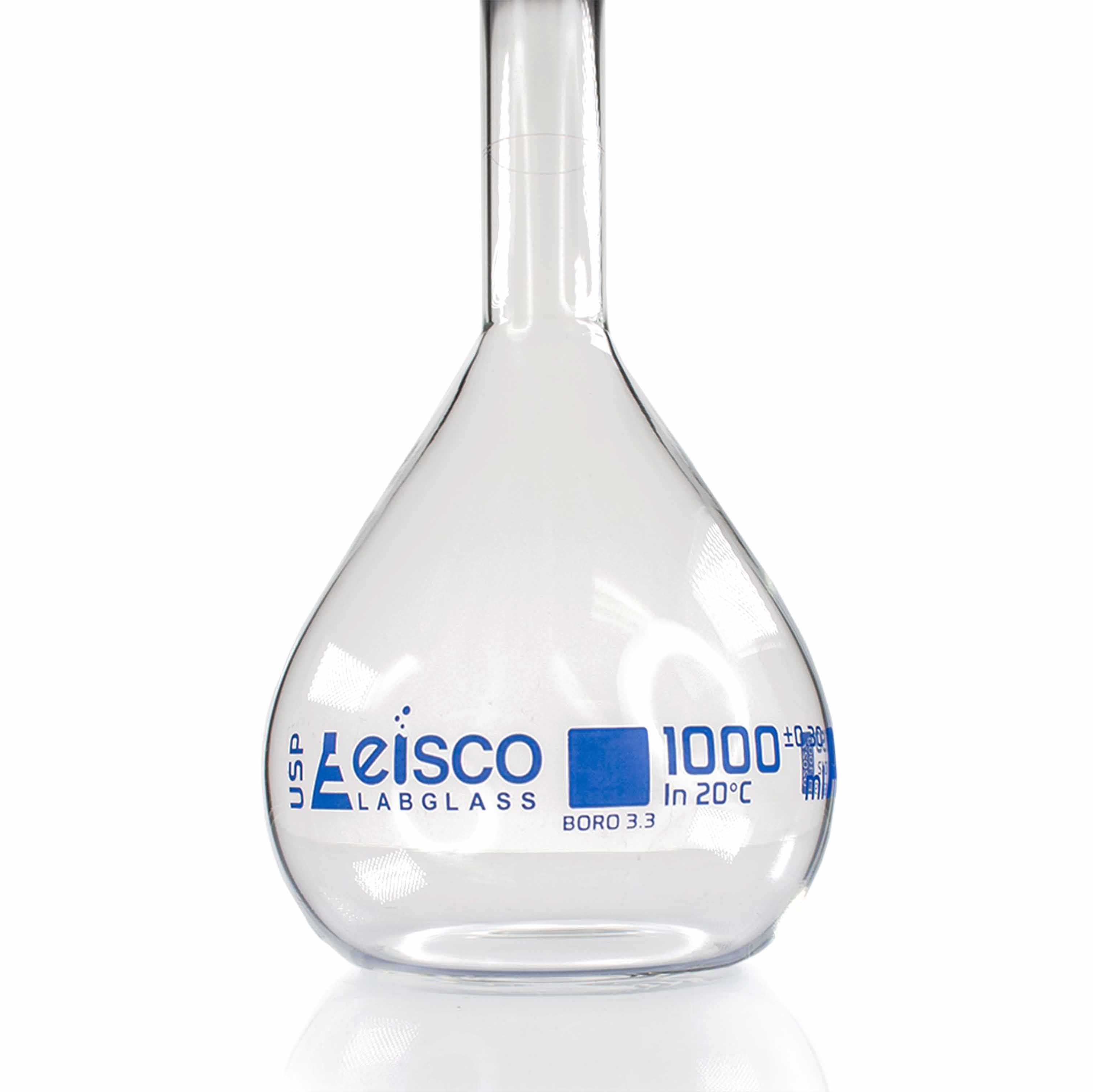 Borosilicate Glass Volumetric Flask with Solid Glass Stopper, 1000 ml, USP Class A with Individual Work Certificate,  Pack of 2, Autoclavable