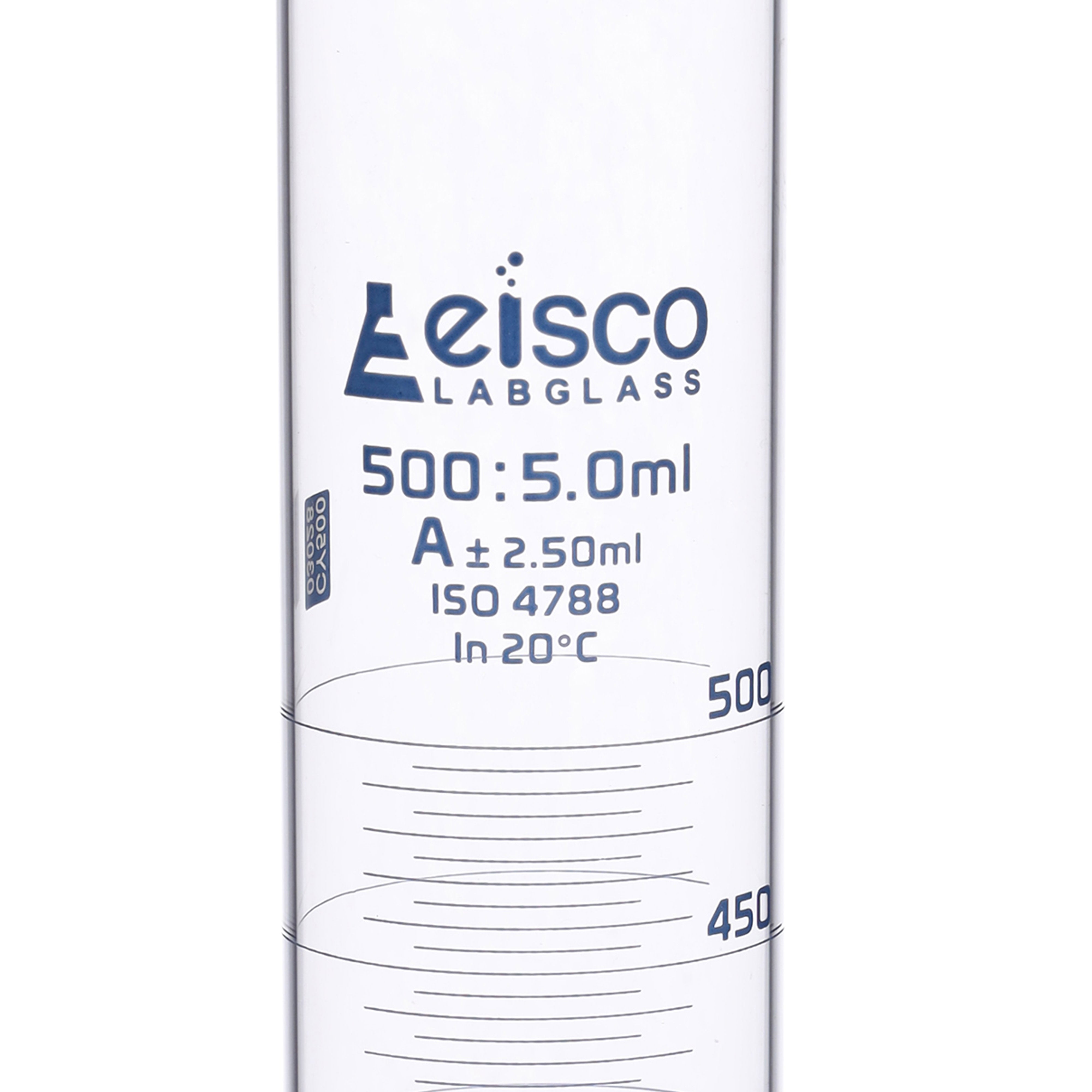 Borosilicate Glass Graduated Cylinder, 500 ml, 5.0 ml Graduation, Class A, Autoclavable