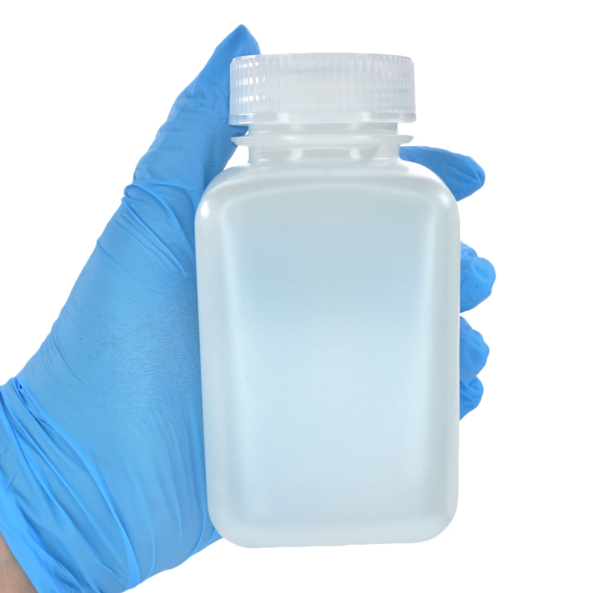 Pack of 12, Sterile 250mL Square HDPE Reagent Bottles with Wide Mouth Polypropylene Caps, Translucent