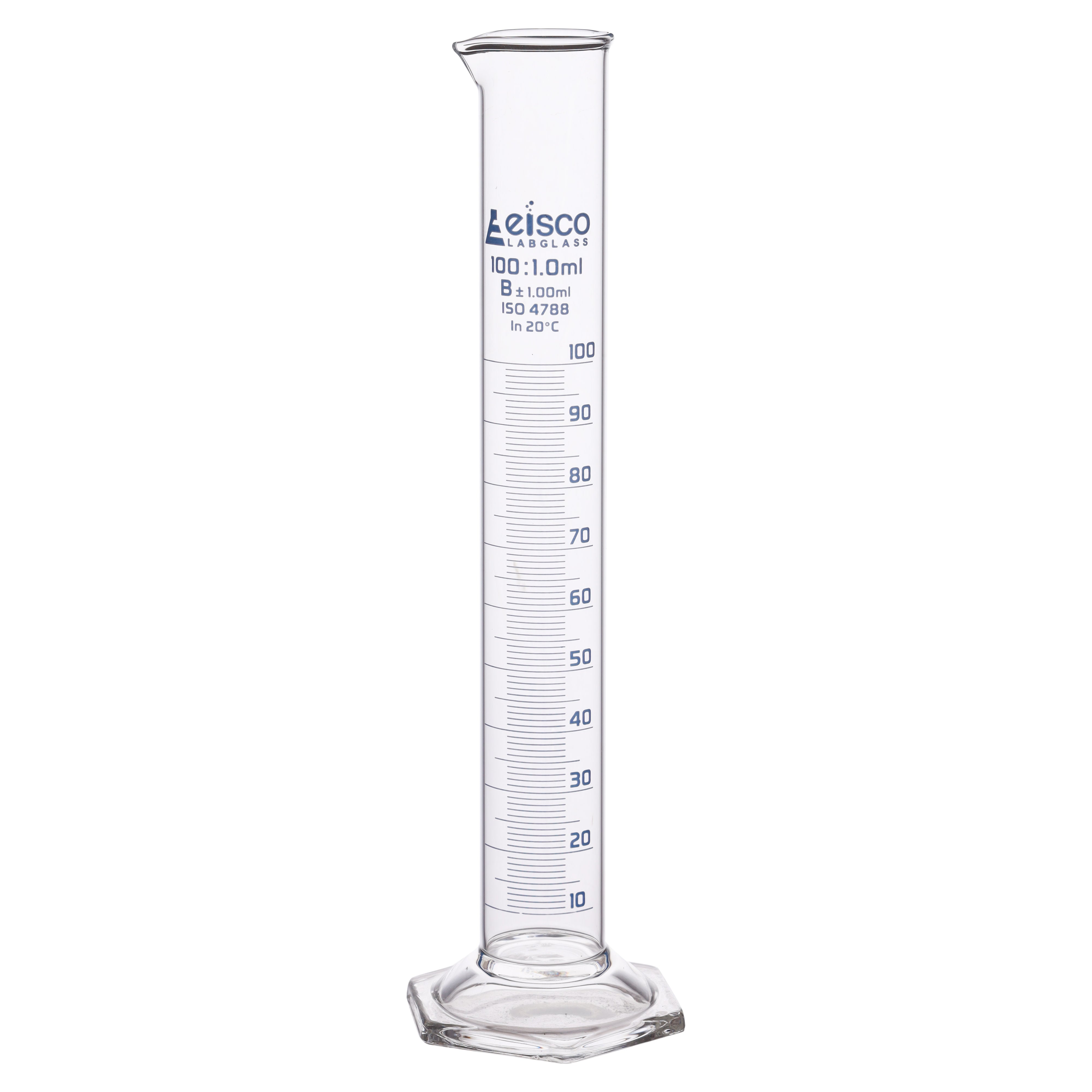 Borosilicate Glass Graduated Cylinder, 100 ml, 1.0 ml Graduation, Class B, Autoclavable