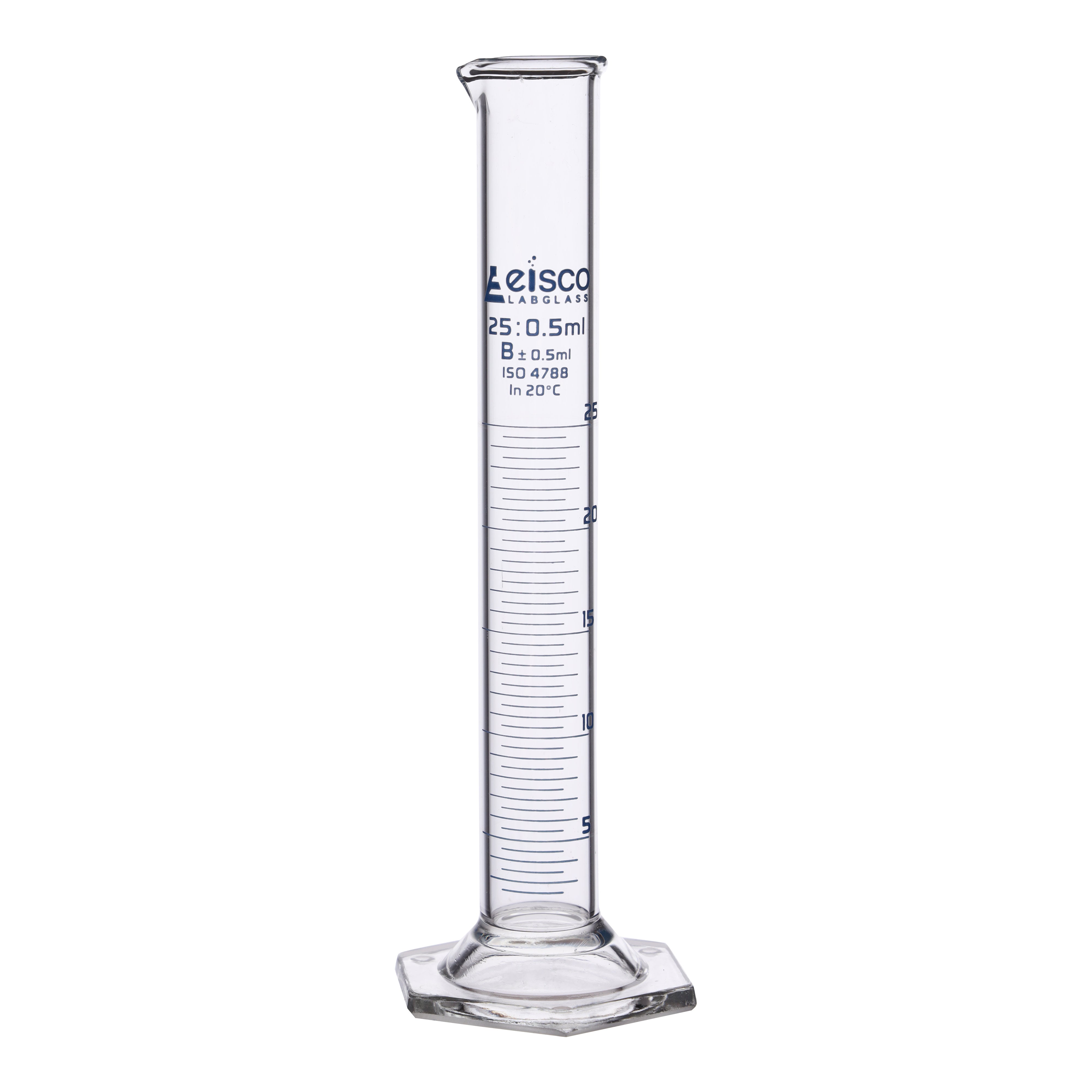 Borosilicate Glass Graduated Cylinder, 25 ml, 0.5 ml Graduation, Class B, Autoclavable