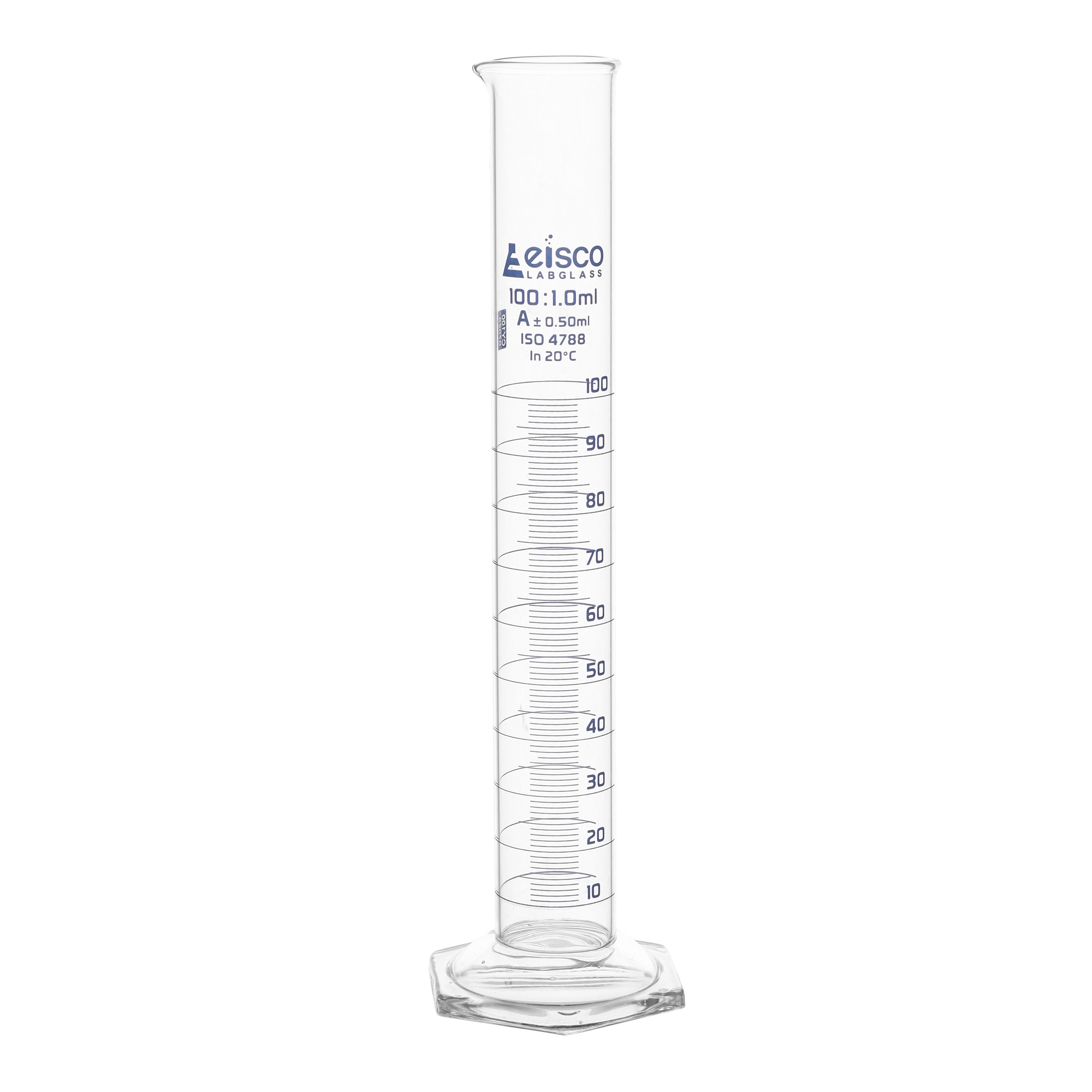 Borosilicate Glass Graduated Cylinder, 100 ml, 1.0 ml Graduation, Class A, Autoclavable