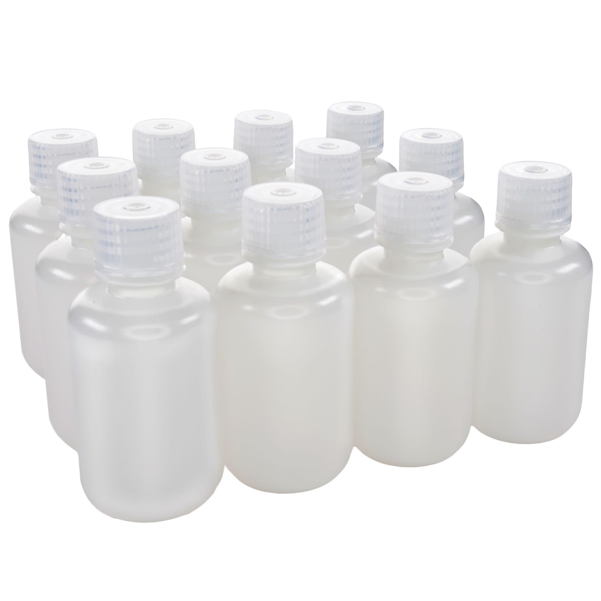Pack of 12, 60mL Sterile Narrow Mouth HDPE Translucent Reagent Bottles with Polypropylene Caps