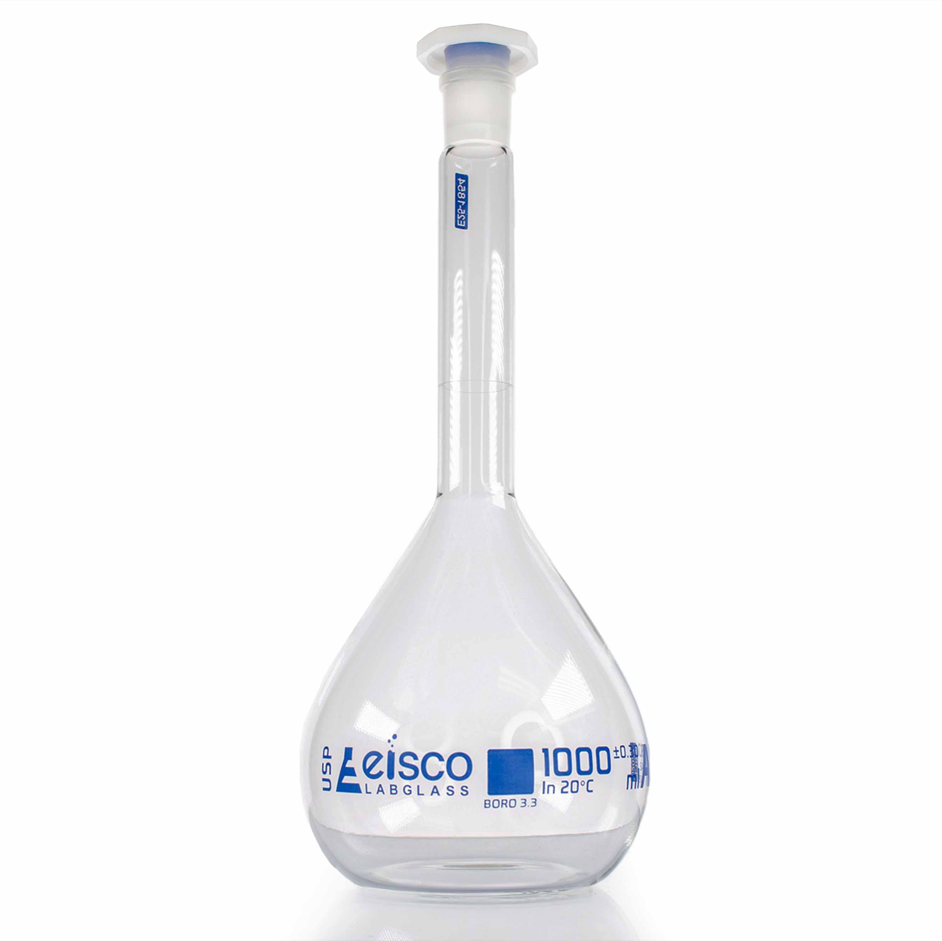 Borosilicate Glass Volumetric Flask with Solid Glass Stopper, 1000 ml, USP Class A with Individual Work Certificate,  Pack of 2, Autoclavable