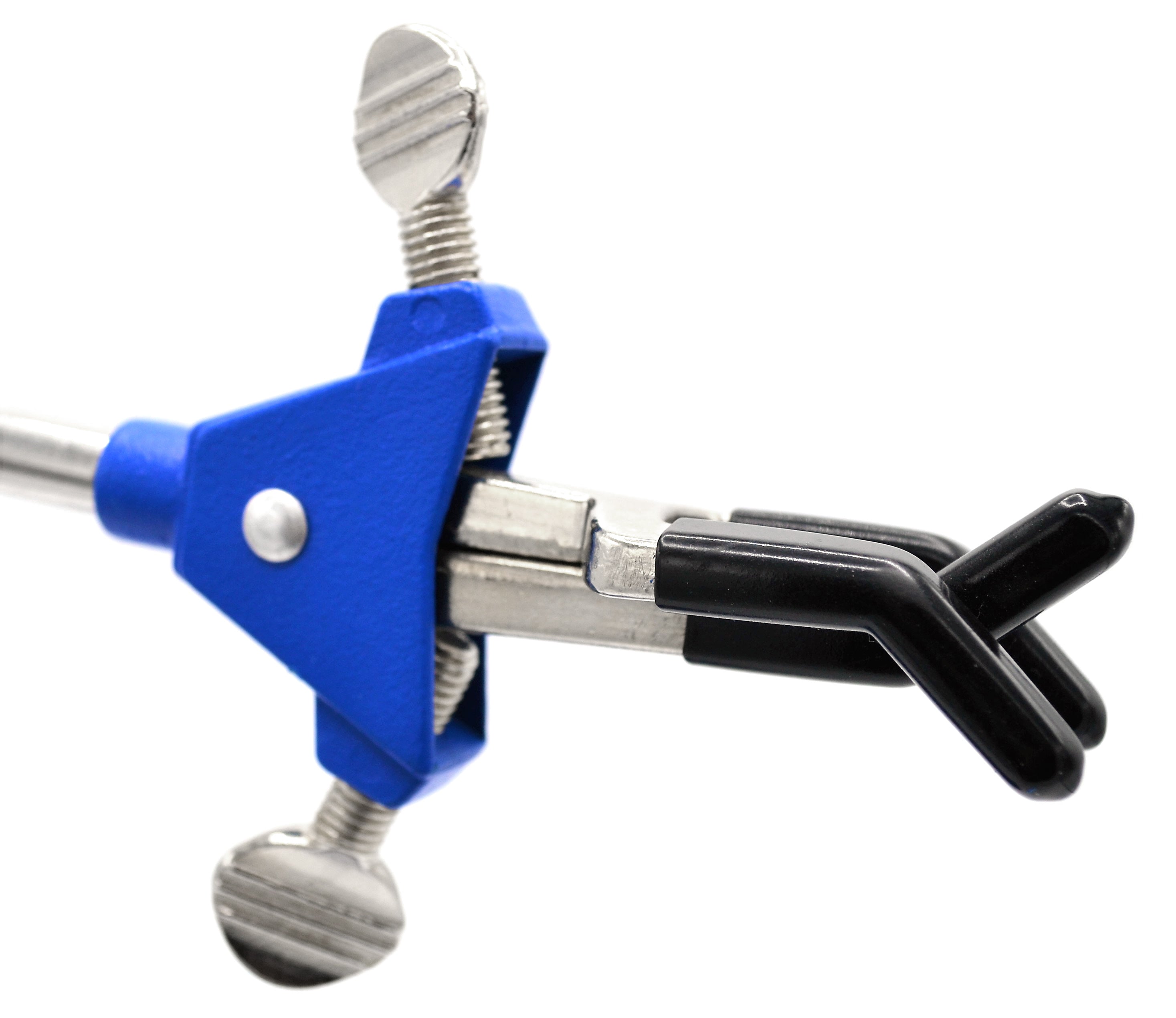 3 Finger, Vinyl Coated, Dual Adjustment Lab Clamp on Rod,  2.3" (6 cm) Maximum Clamp Opening