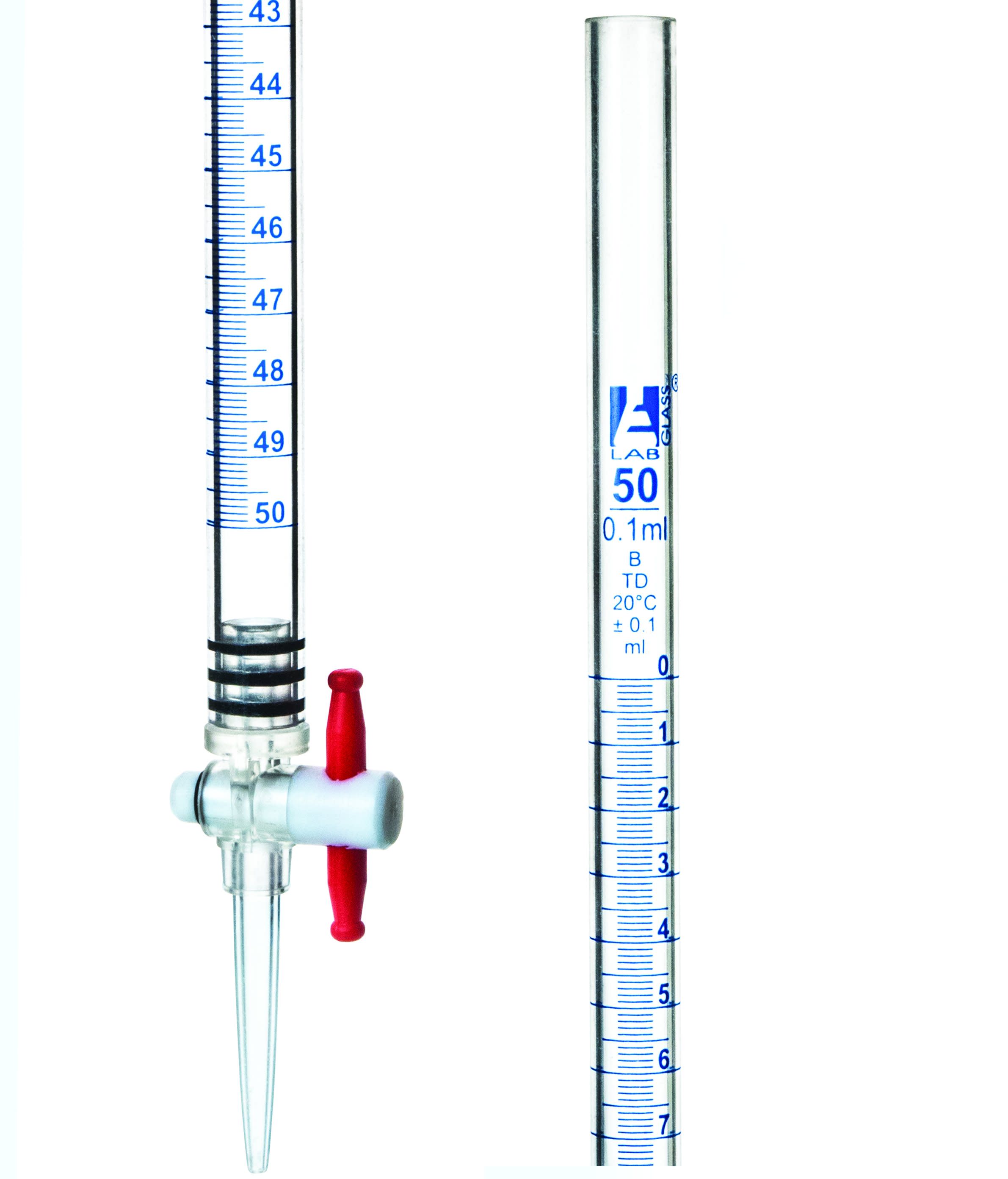 Acrylic Graduated Burette with PTFE Stopcock, 50 ml, 0.10 ml Graduation