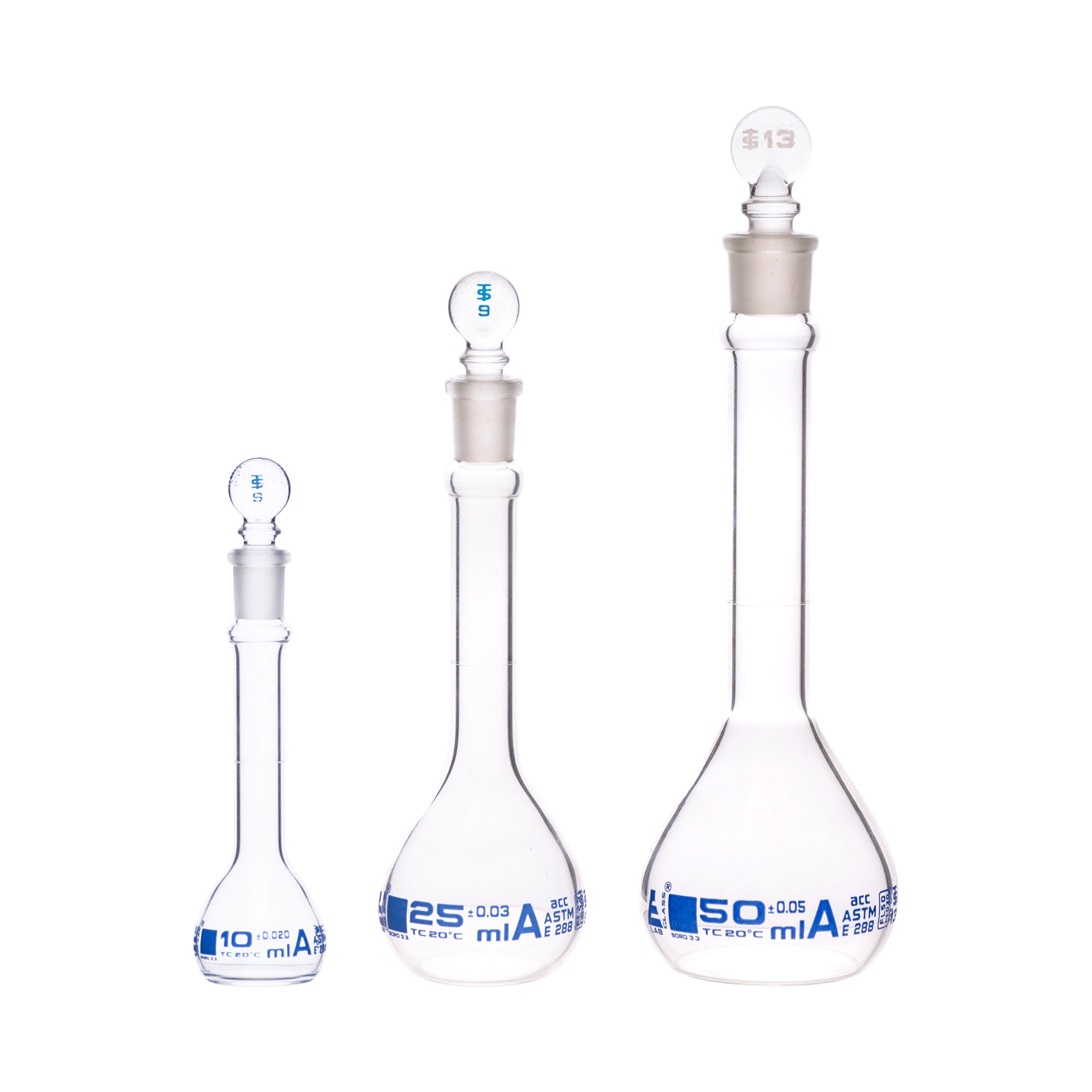 Borosilicate Glass Safety Pack Volumetric Flask Set with Glass Stoppers (10 ml, 25 ml, 50 ml),  Class A, ASTM, Autoclavable