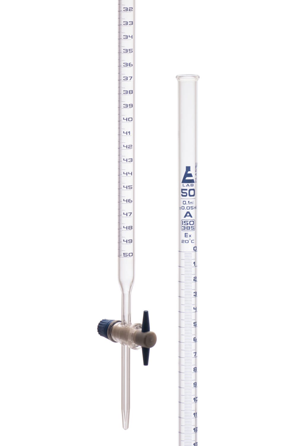 Borosilicate Glass Graduated Burette with PTFE Stopcock, 50 ml, 0.1 ml Graduation, Class A