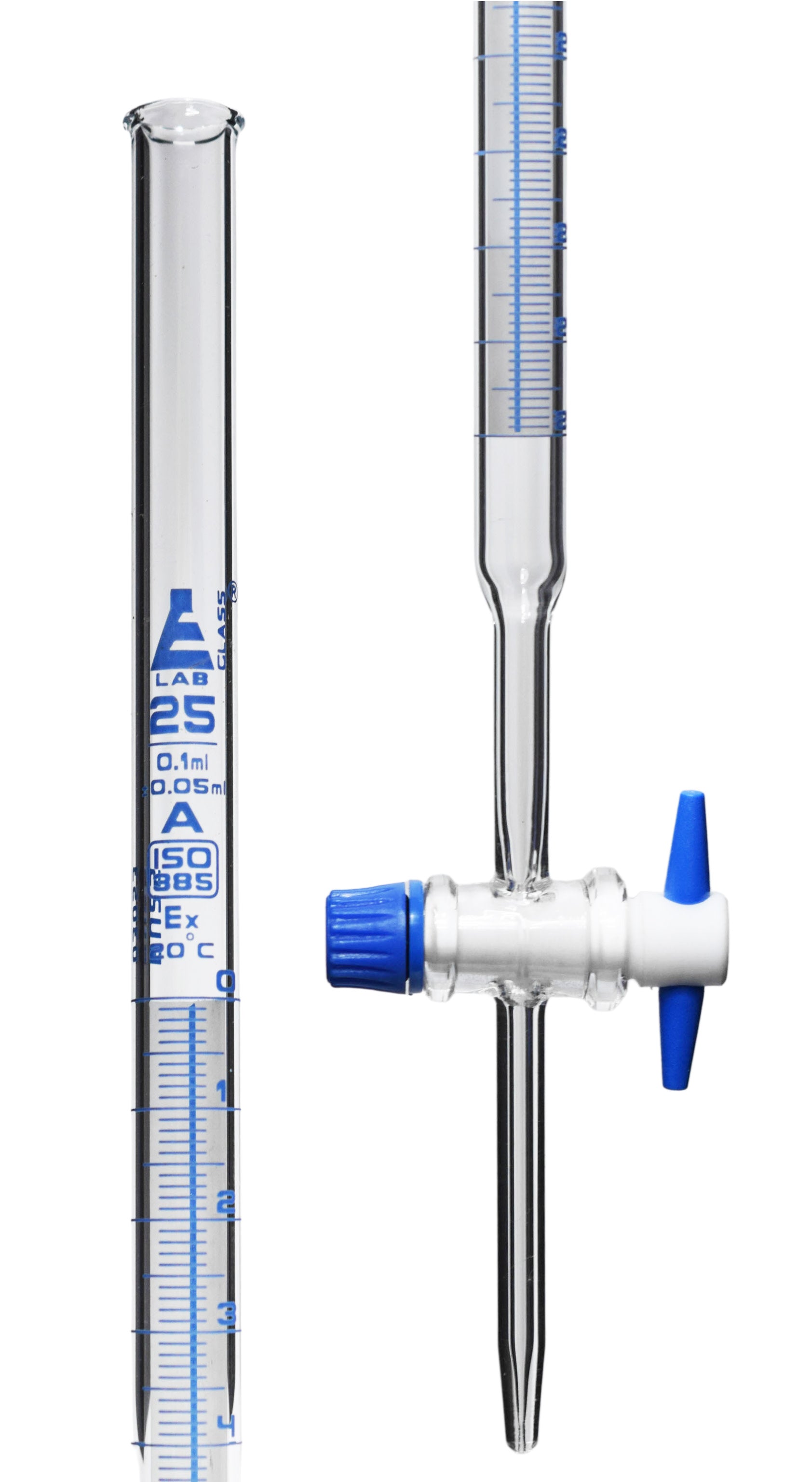 Schellbach Glass ASTM Graduated Burette with PTFE Stopcock, 25 ml, 0.10 ml Graduation, Class A