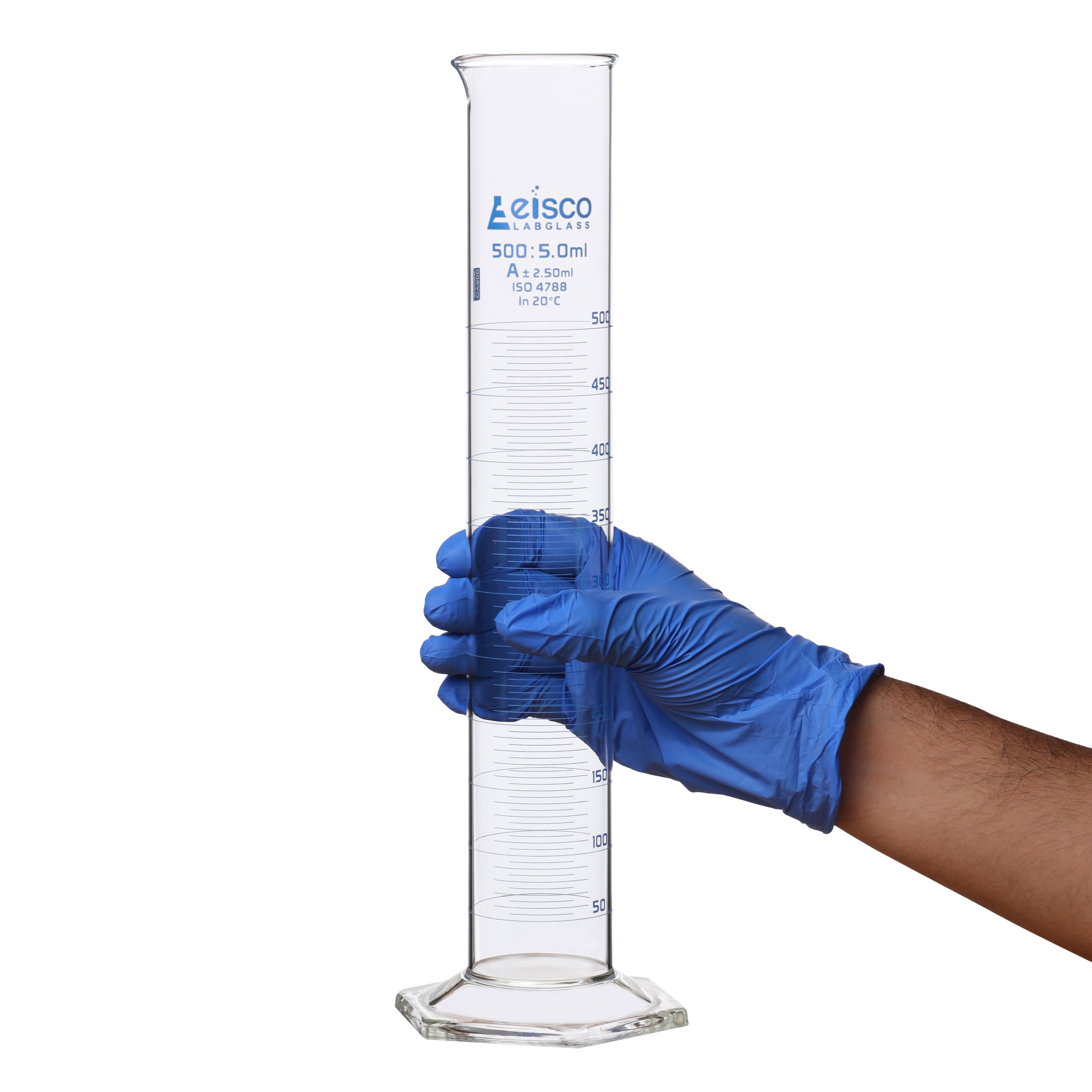 Borosilicate Glass Graduated Cylinder, 500 ml, 5.0 ml Graduation, Class A, Autoclavable