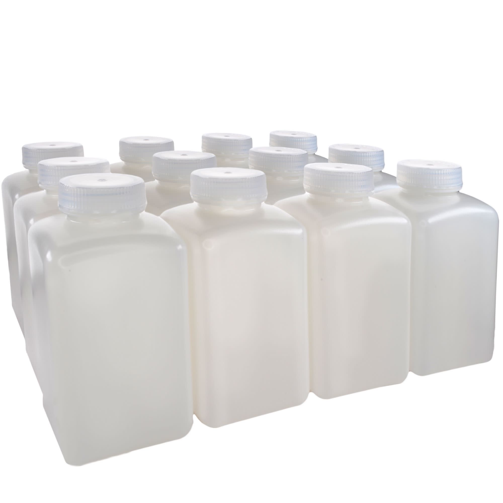 Pack of 12, 1L Square HDPE Reagent Bottles with Wide Mouth Polypropylene Caps, Translucent, Non-Sterile