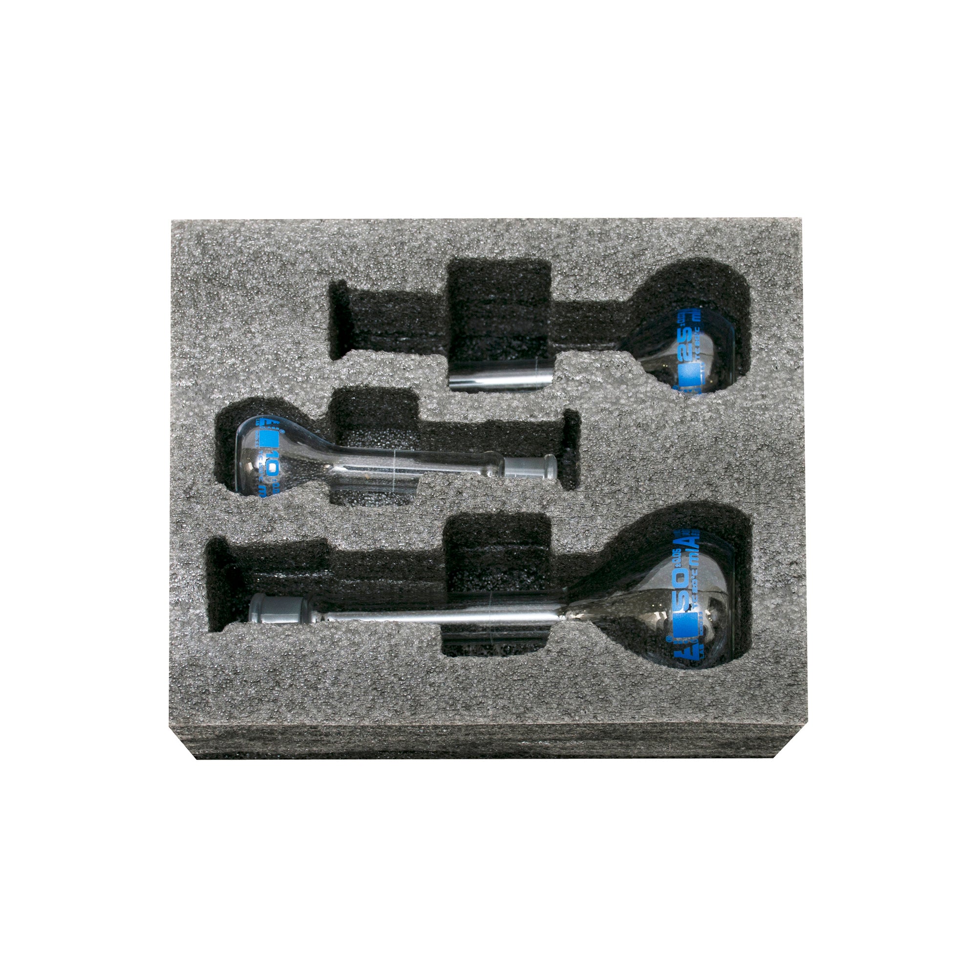 Borosilicate Glass Safety Pack Volumetric Flask Set with Glass Stoppers (10 ml, 25 ml, 50 ml),  Class A, ASTM, Autoclavable