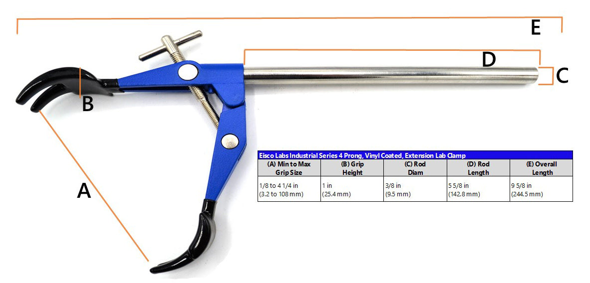 4 Finger Pronged, Vinyl Coated, Lab Clamp on Rod, 4.1" (10.5 cm) maximum clamp opening