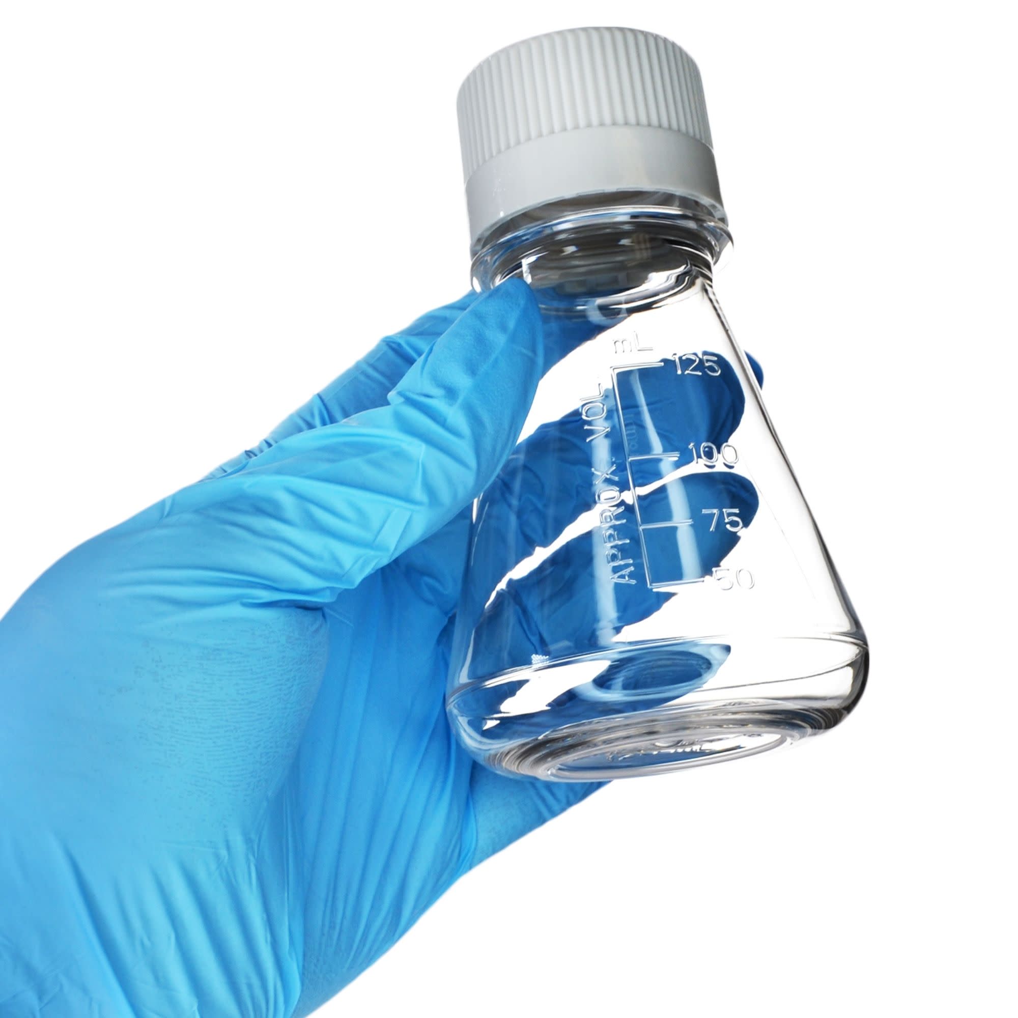 Pack of 24, 125mL Sterile PETG Erlenmeyer Flasks, Non-Vented, Flat Bottom, Lab-Grade, Gamma Sterilized, USP Class VI