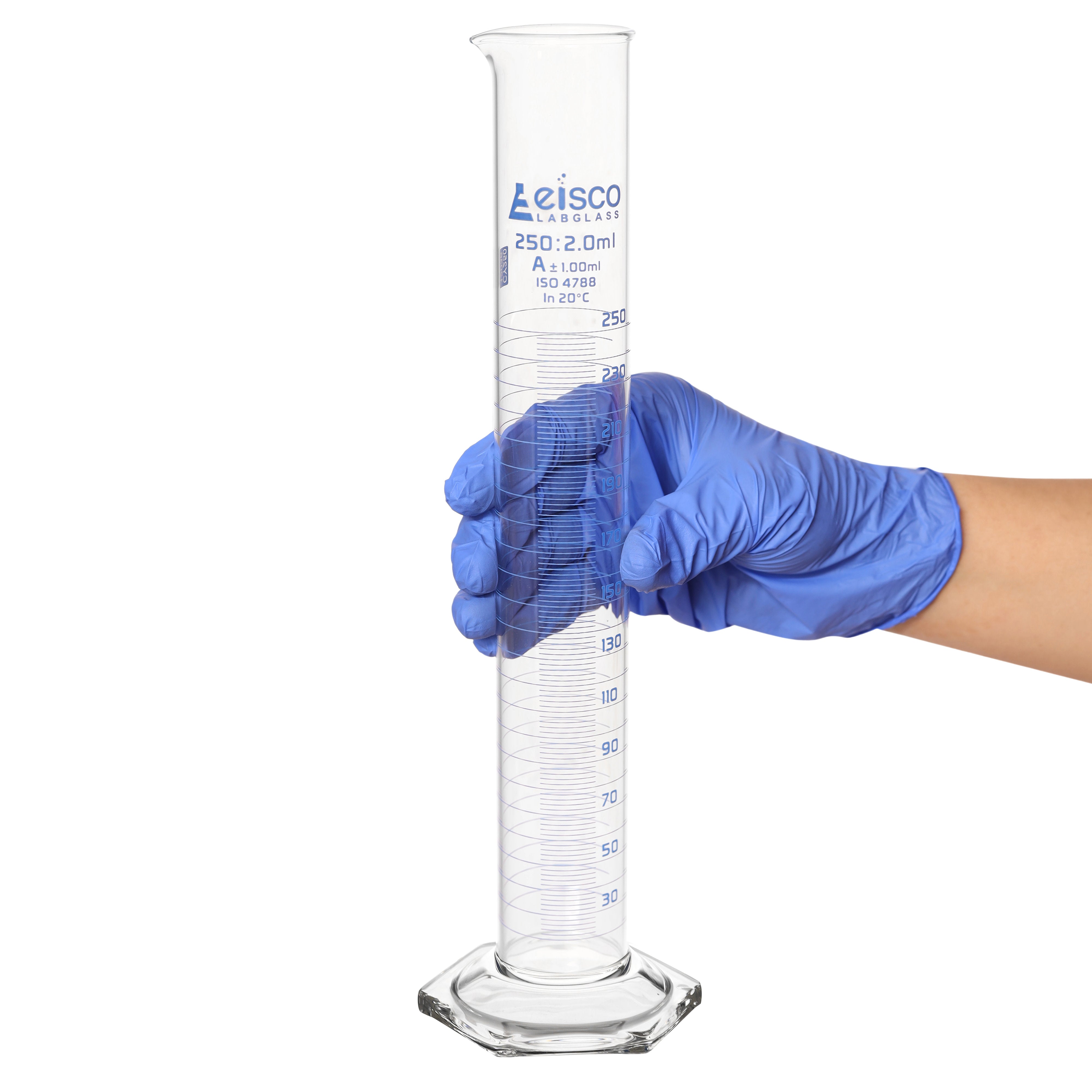 Borosilicate Glass Graduated Cylinder, 250 ml, 2.0 ml Graduation, Class B, Autoclavable