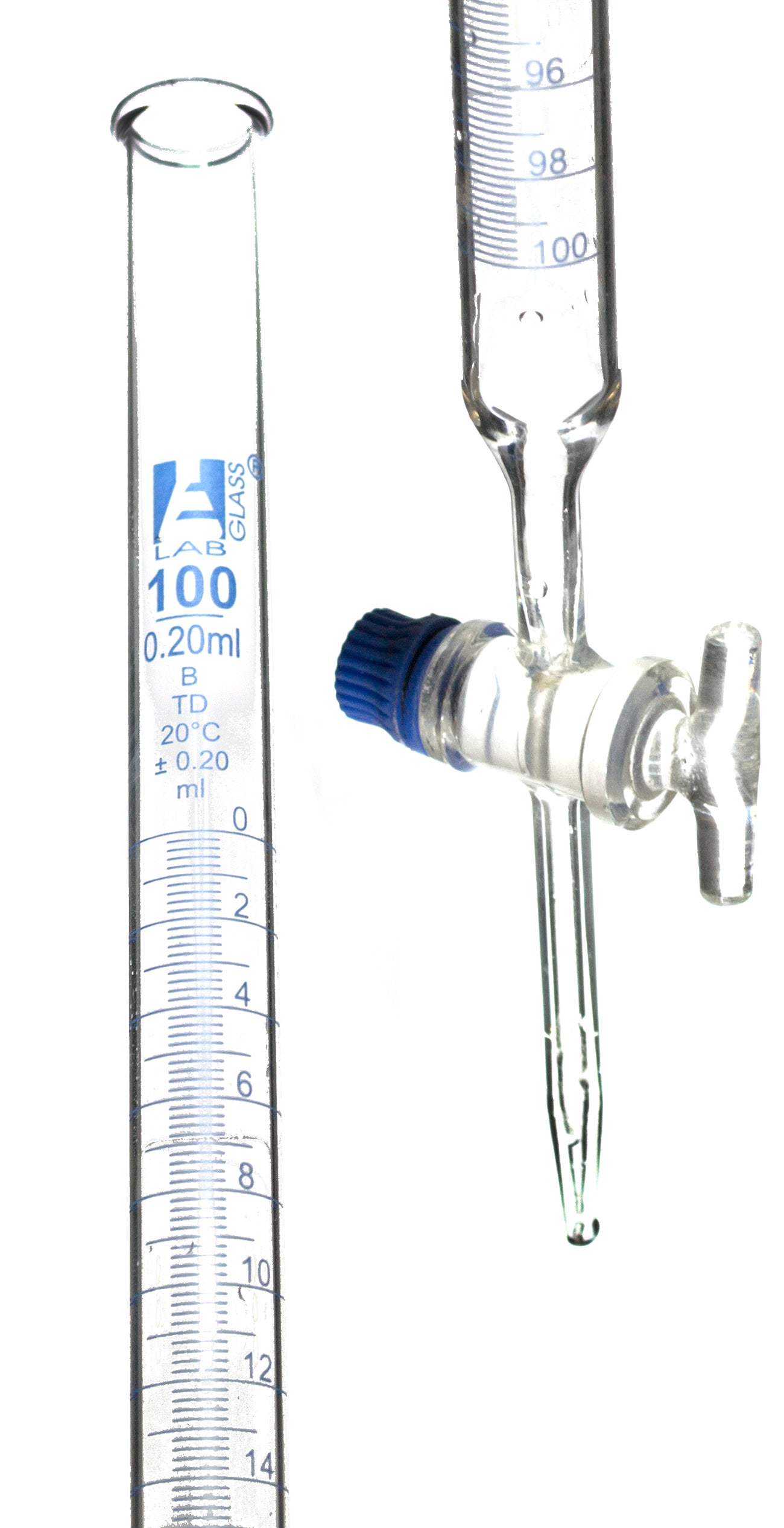 Borosilicate Glass ASTM Graduated Burette with Glass Key Stopcock, 100 ml, 0.2 ml Graduation, Class B