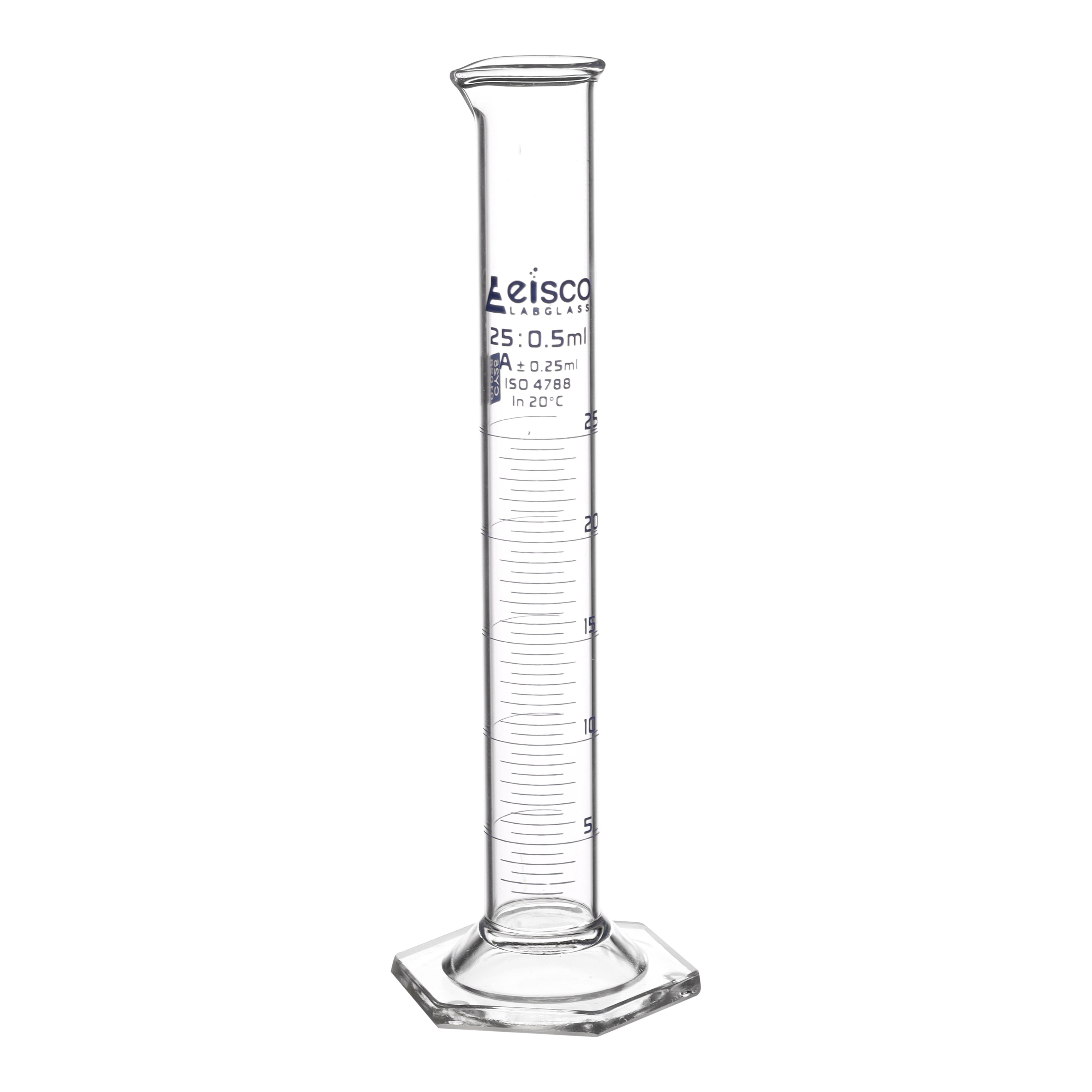 Borosilicate Glass Graduated Cylinder, 25 ml, 0.5 ml Graduation, Class A, Autoclavable
