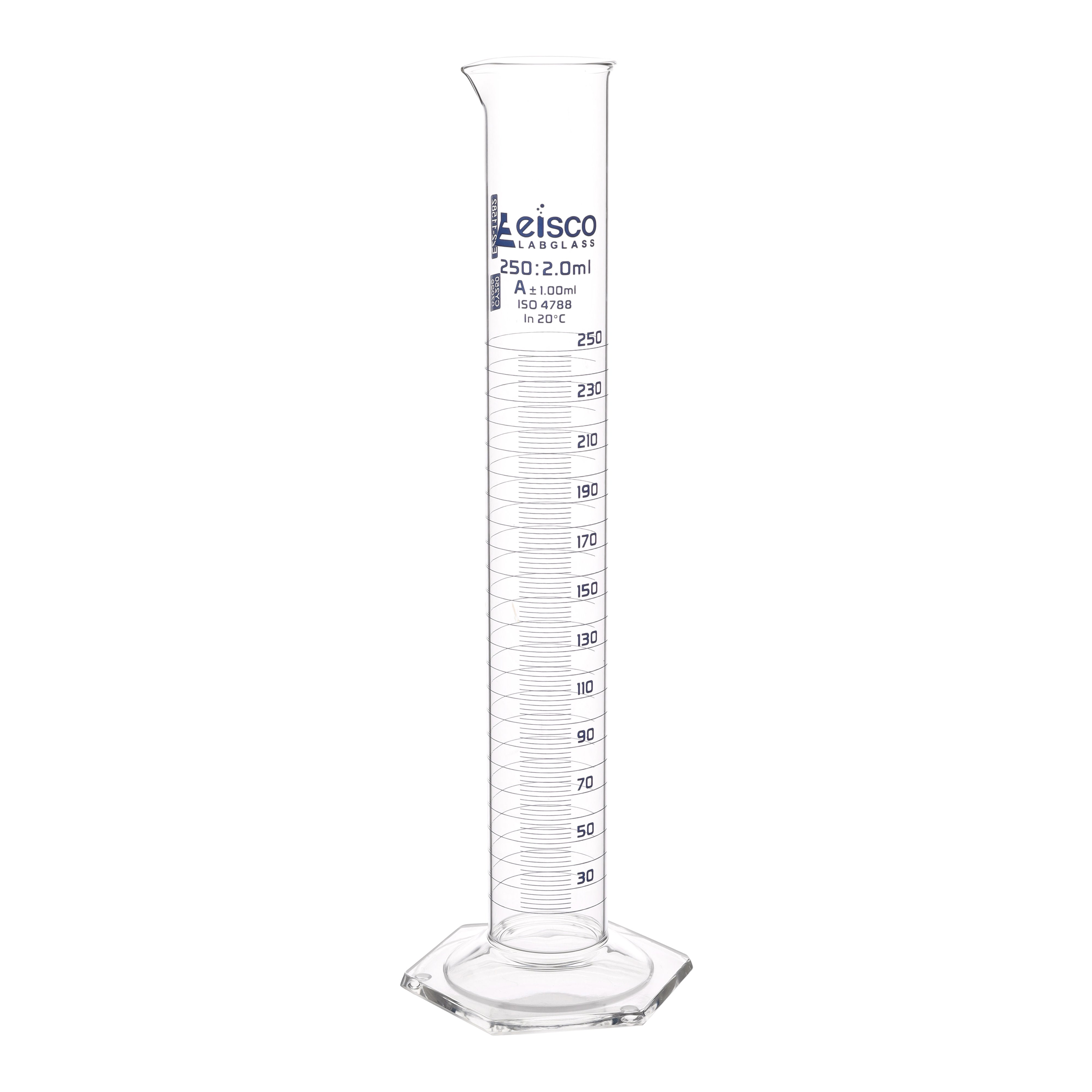 Borosilicate Glass Graduated Cylinder, 250 ml, 2.0 ml Graduation, Class A, Autoclavable