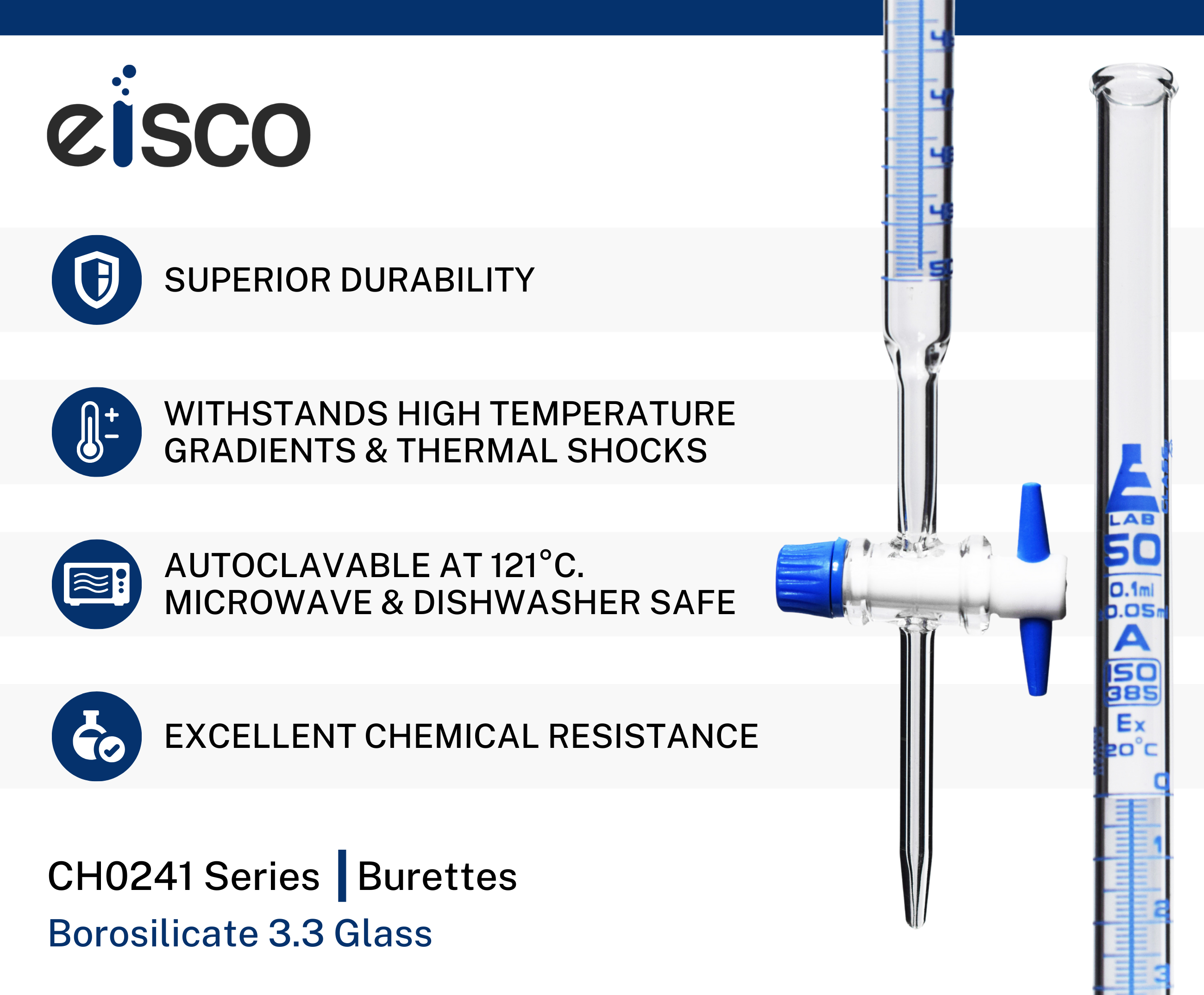 Schellbach Glass ASTM Graduated Burette with PTFE Stopcock, 50 ml, 0.10 ml Graduation, Class A