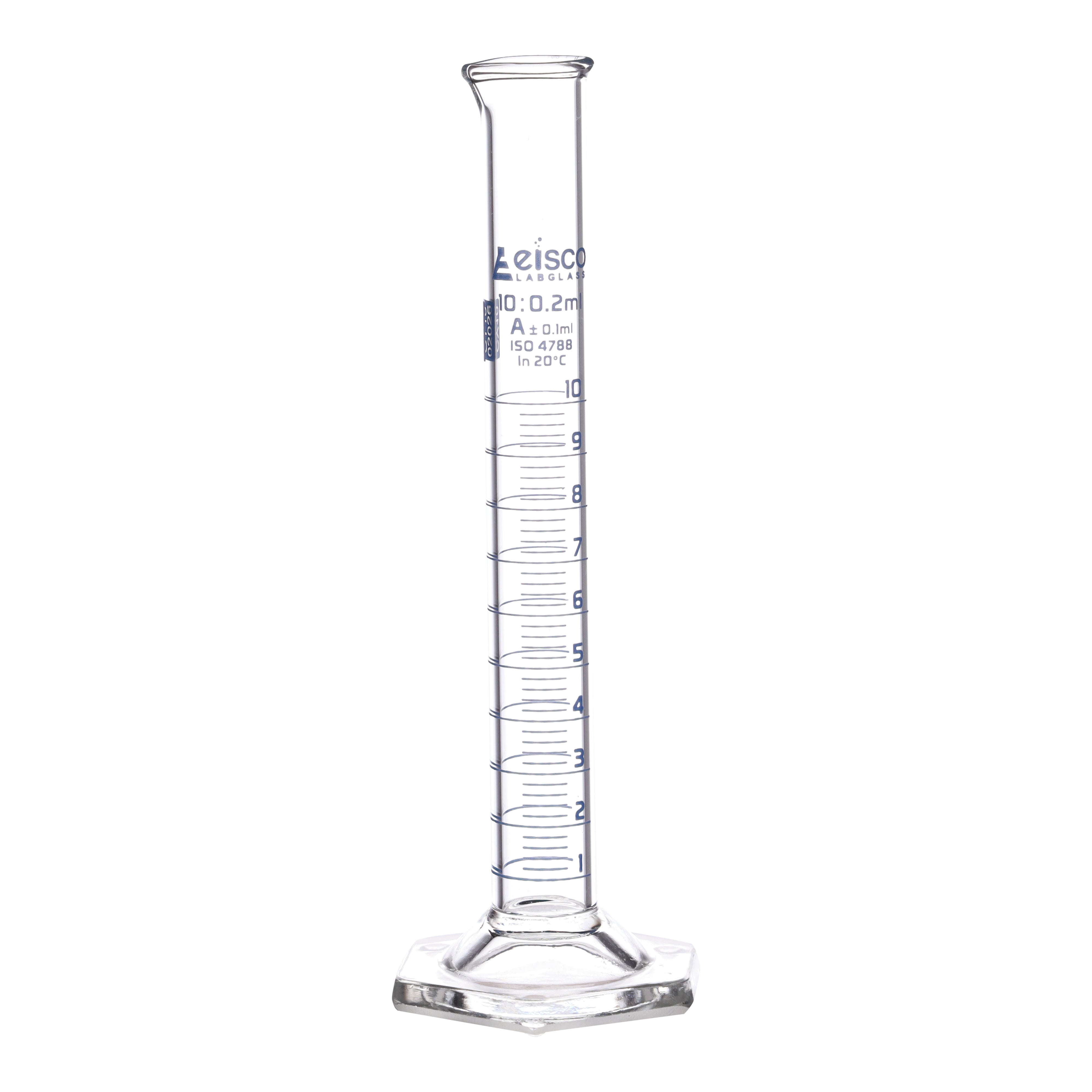 Borosilicate Glass Graduated Cylinder, 10 ml, 0.2 ml Graduation, Class A, Autoclavable