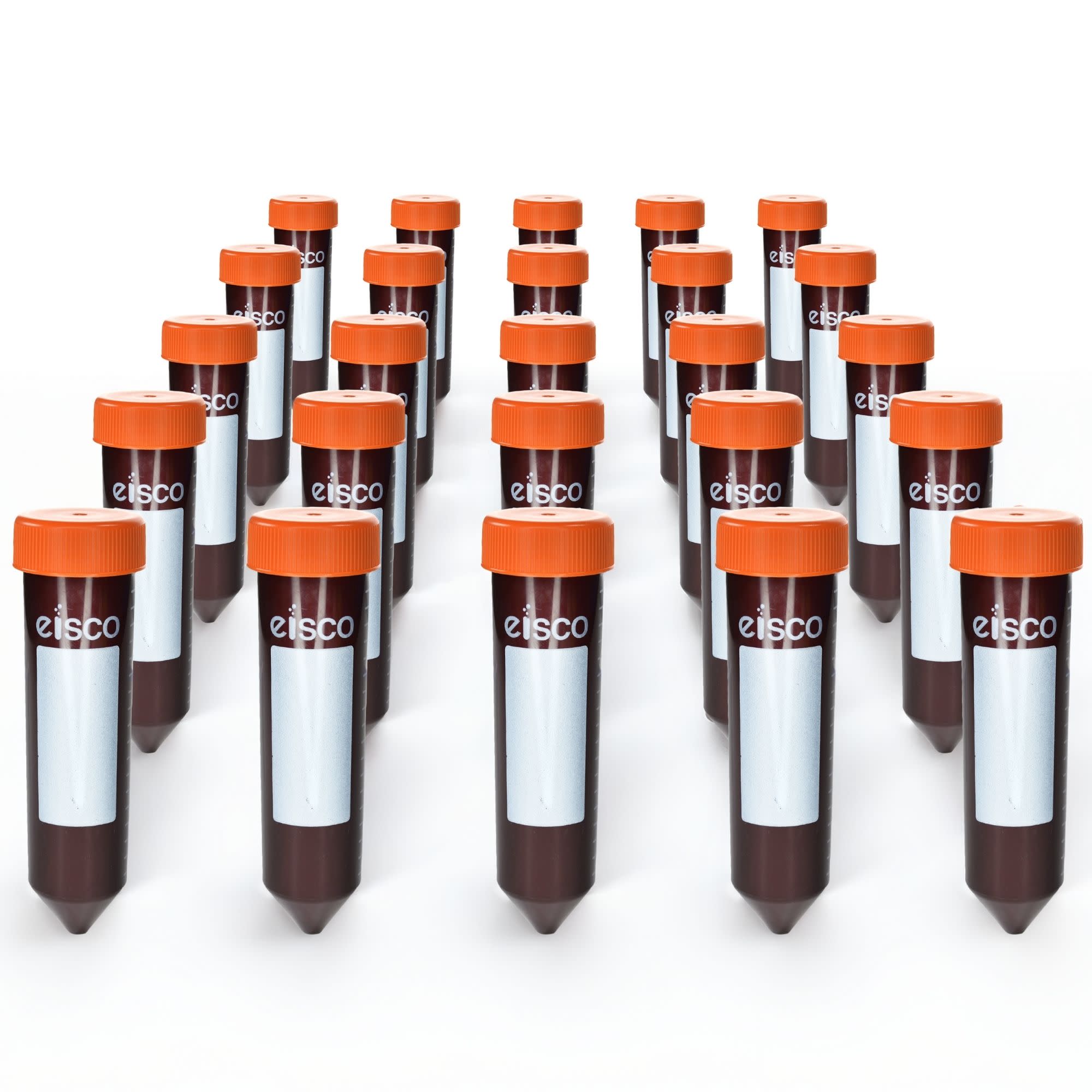 Pack of 25, 50mL Sterile Amber Centrifuge Tubes, Polypropylene, Flat Cap, Lab-Grade