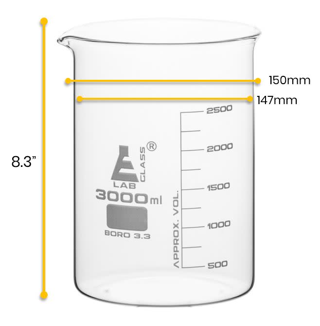 Borosilicate Low Form Beaker, 3000ml, 250ml Graduation, Autoclavable