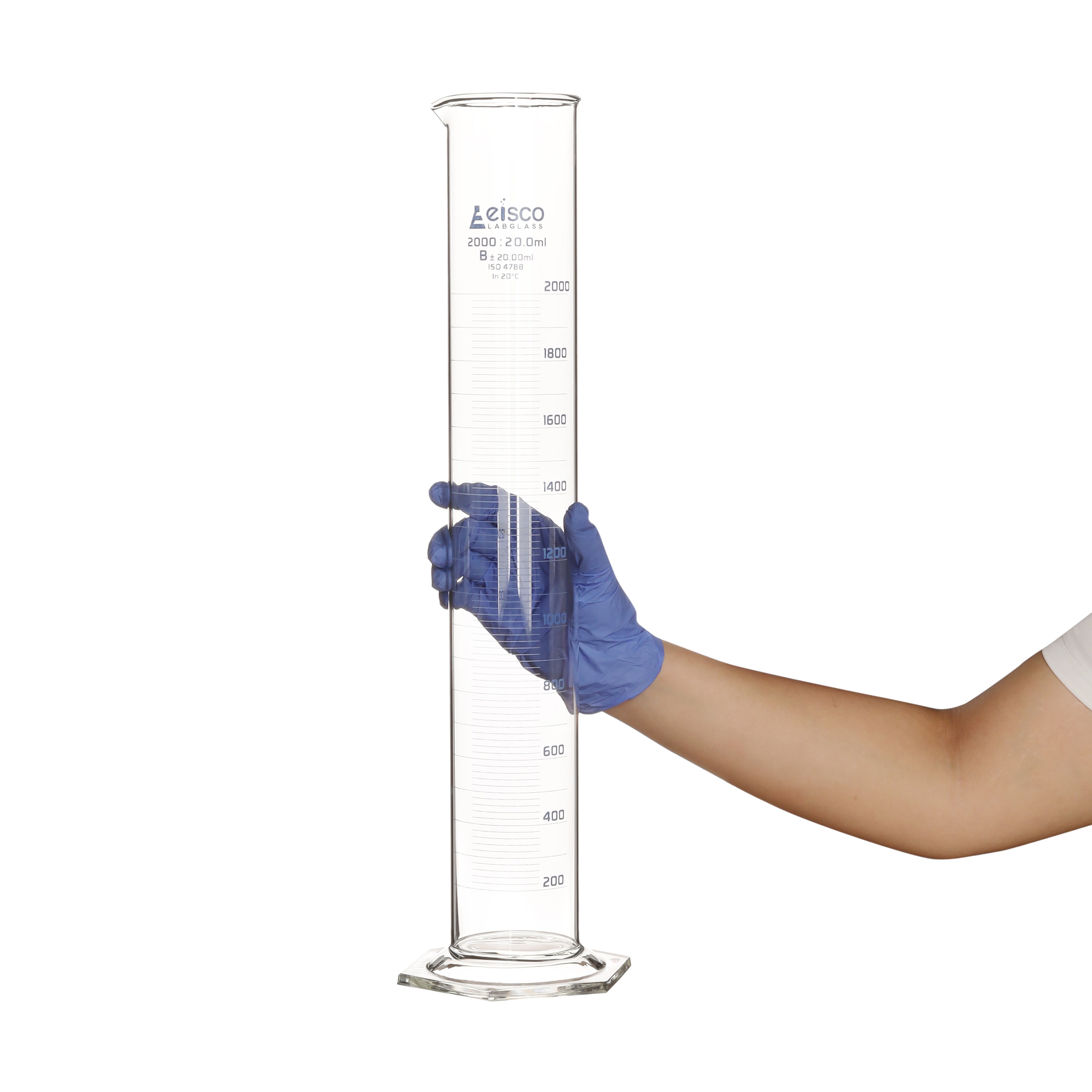 Borosilicate Glass Graduated Cylinder, 2000 ml, 20.0 ml Graduation, Class B, Autoclavable