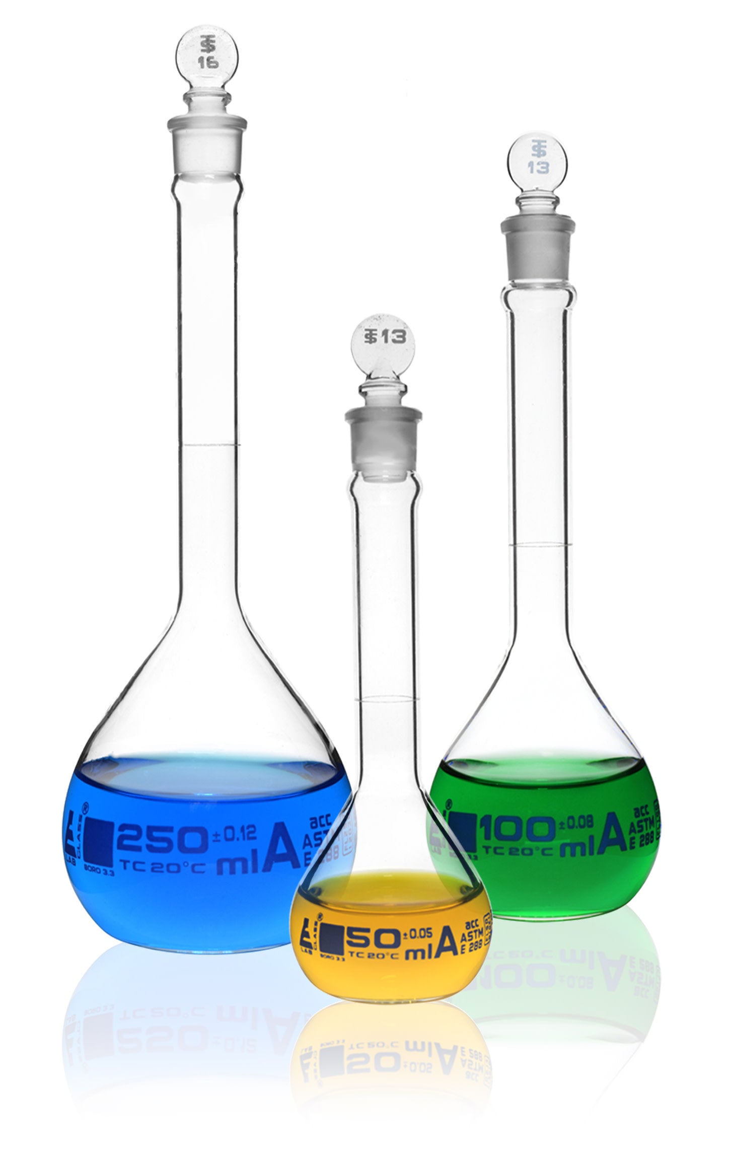 Borosilicate Glass Safety Pack Volumetric Flask Set with Glass Stoppers (50 ml, 100 ml, 250 ml), Class A, ASTM, Autoclavable