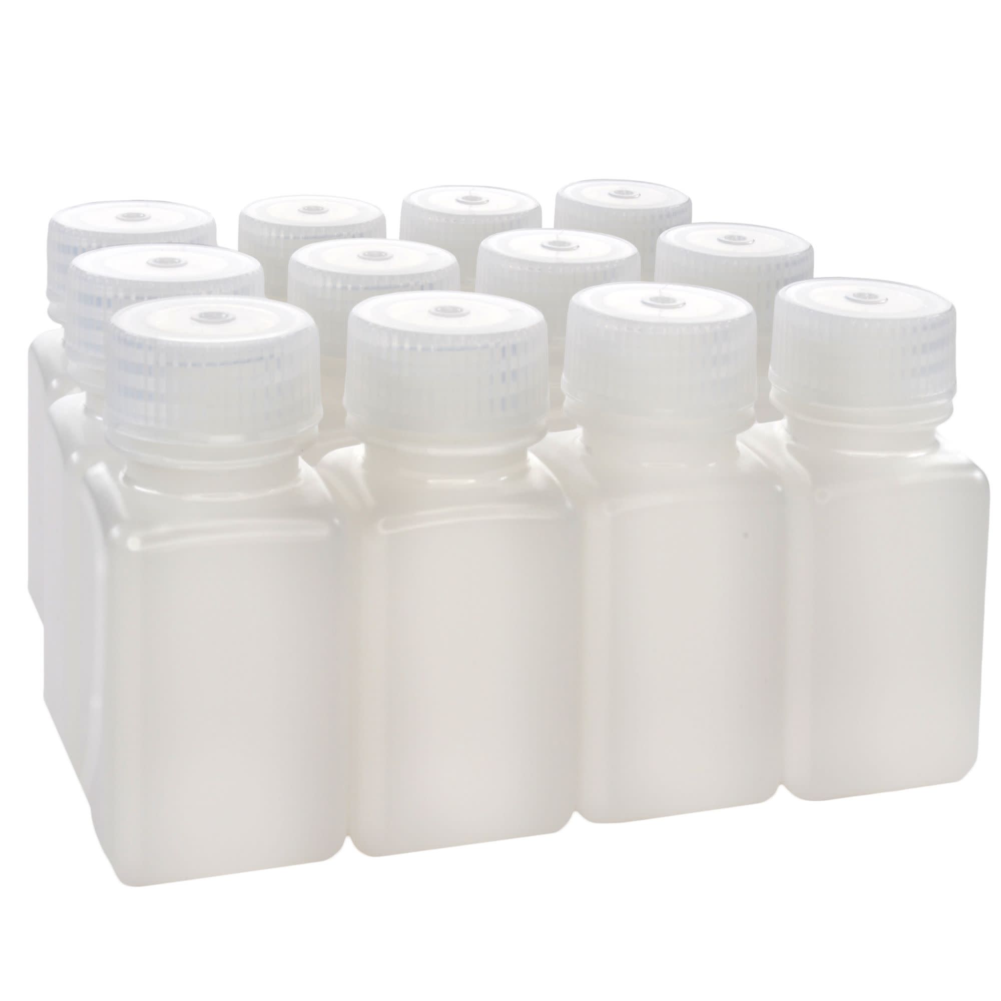 Pack of 12, 60mL Square HDPE Reagent Bottles with Wide Mouth Polypropylene Caps, Translucent, Non-Sterile