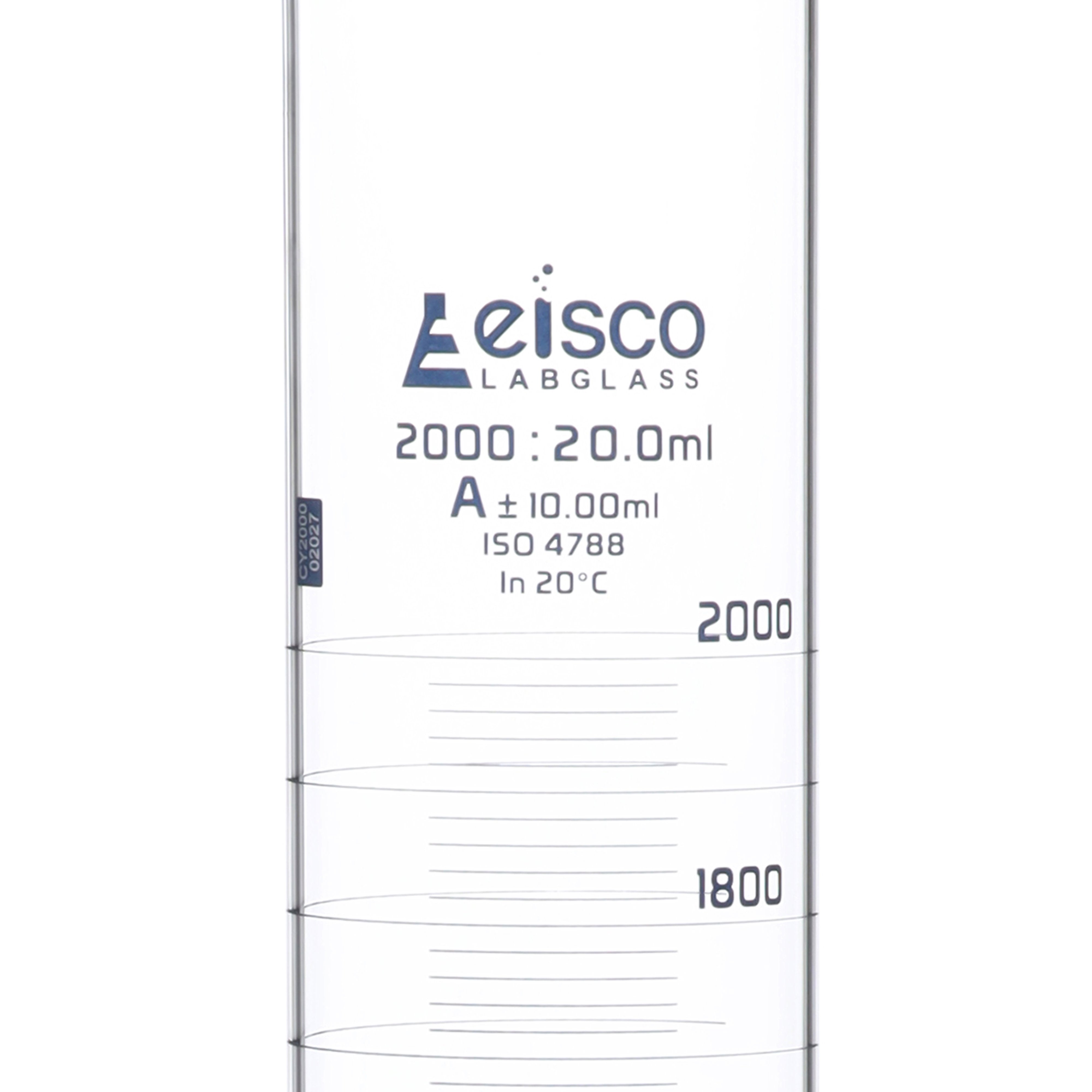 Borosilicate Glass Graduated Cylinder, 2000 ml, 20 ml Graduation, Class A, Autoclavable
