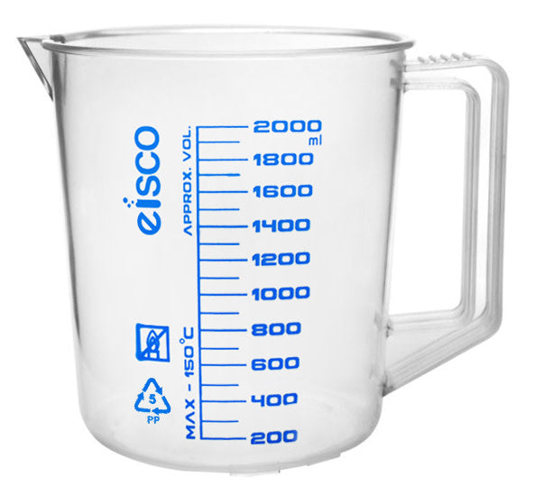 Polypropylene Measuring Jug with Handle and Spout, Short Form, 2000 ml, 100 ml Graduation, Autoclavable