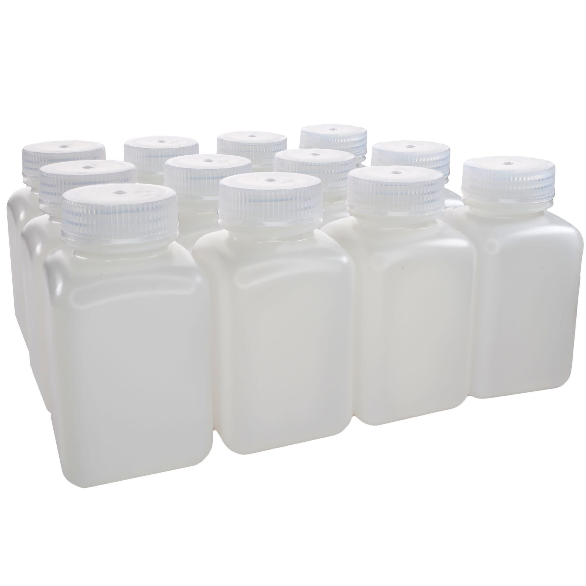Pack of 12, 250mL Square HDPE Reagent Bottles with Wide Mouth Polypropylene Caps, Translucent, Non-Sterile
