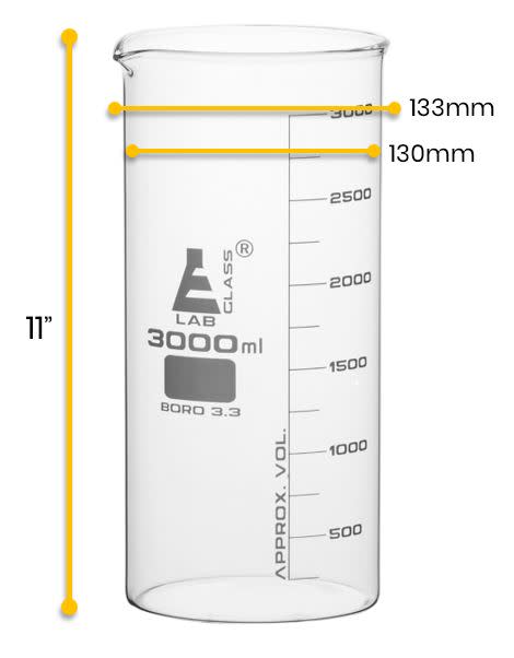 Borosilicate Tall Form Beaker, 3000ml, 250ml Graduation, Autoclavable