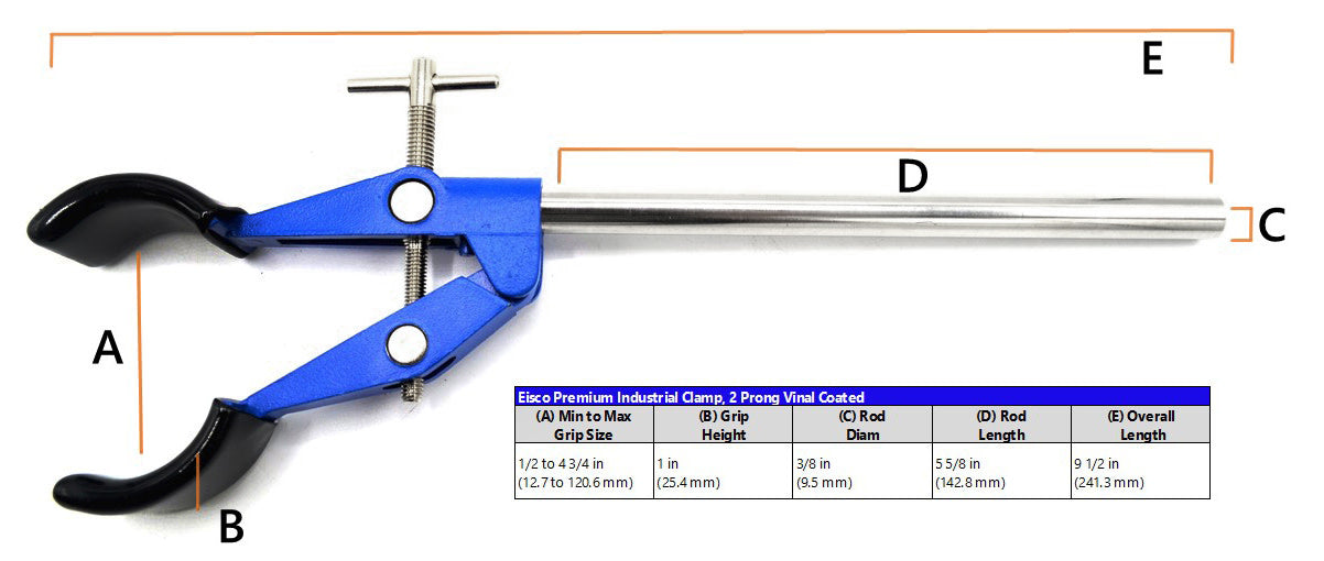 2 Prong, Vinyl Coated, Lab Clamp on Rod,  4.75" (12 cm) Maximum Clamp Opening