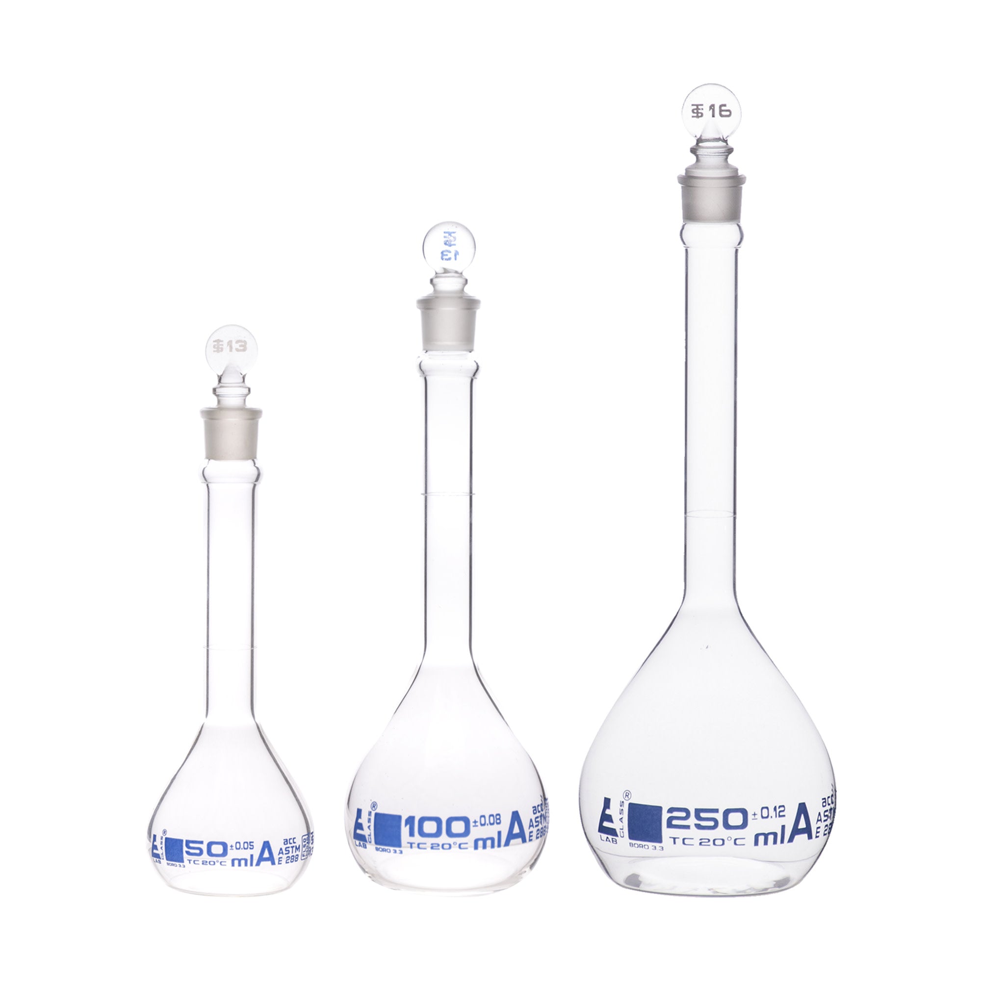 Borosilicate Glass Safety Pack Volumetric Flask Set with Glass Stoppers (50 ml, 100 ml, 250 ml), Class A, ASTM, Autoclavable